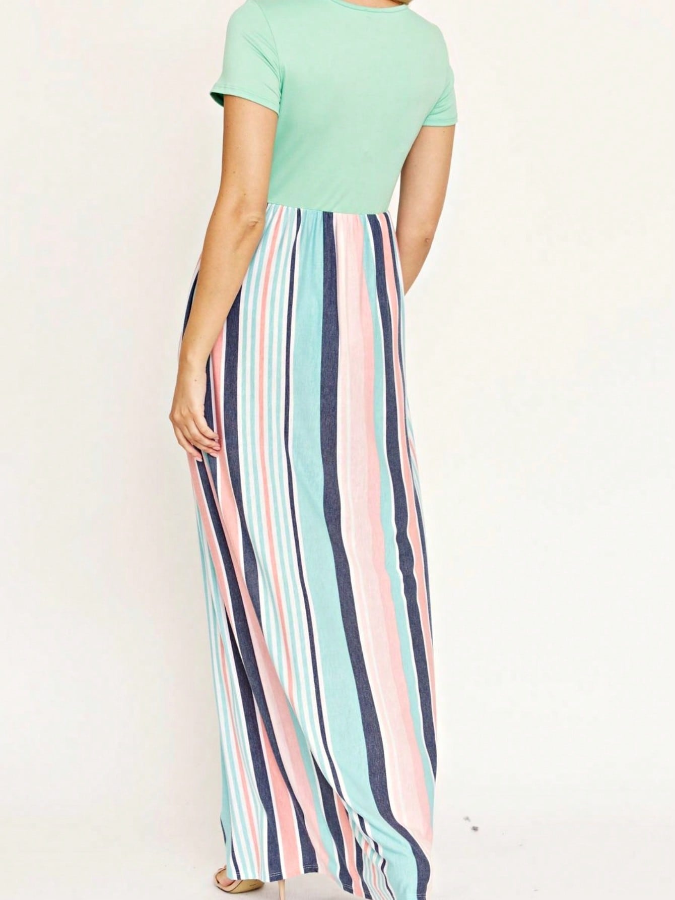 Boho Retro Multi Ditsy Floral Stripe Blue Charcoal Black Coral Short Sleeve Maxi Long Dress With Pocket | S-3X