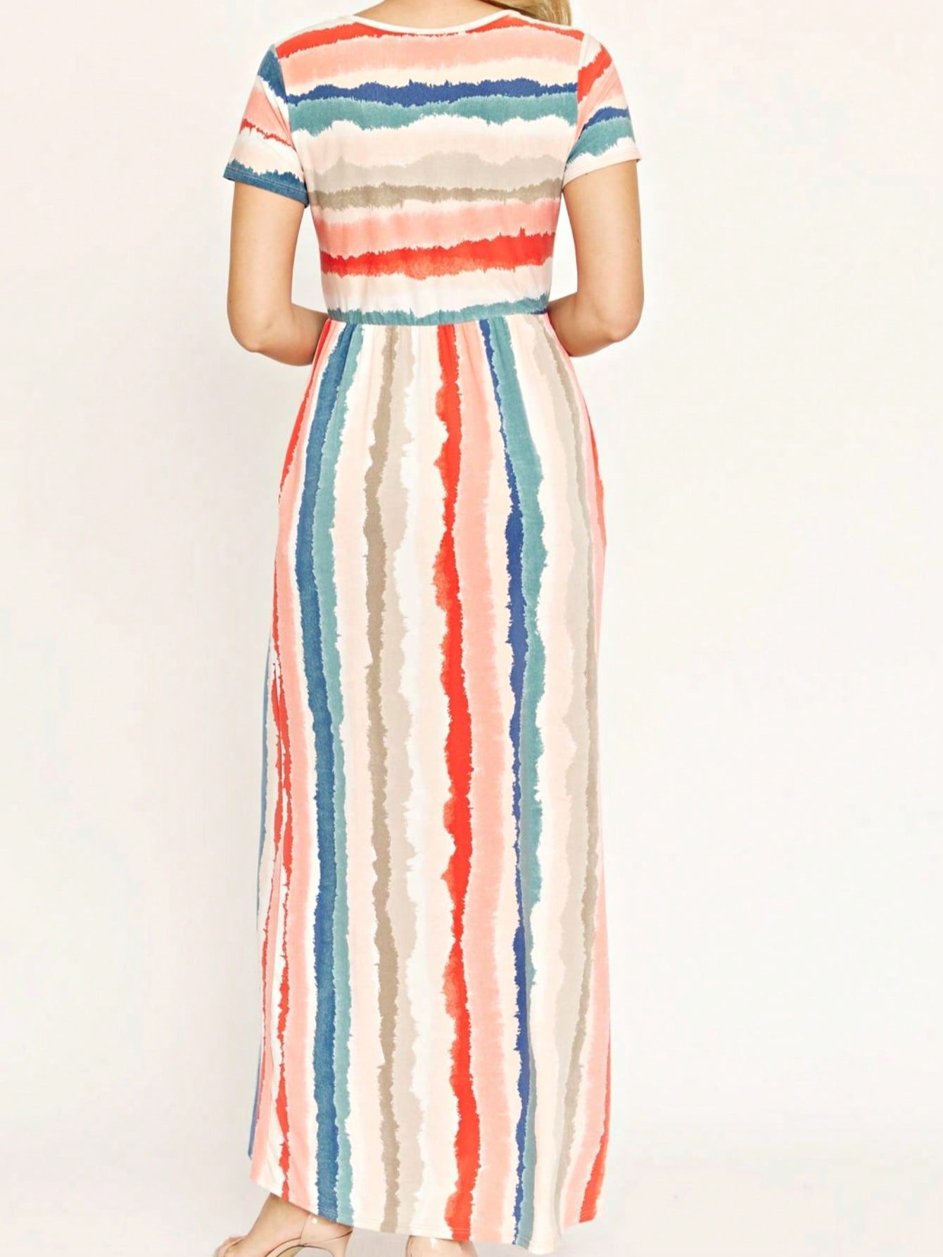 Boho Retro Multi Ditsy Floral Stripe Blue Charcoal Black Coral Short Sleeve Maxi Long Dress With Pocket | S-3X