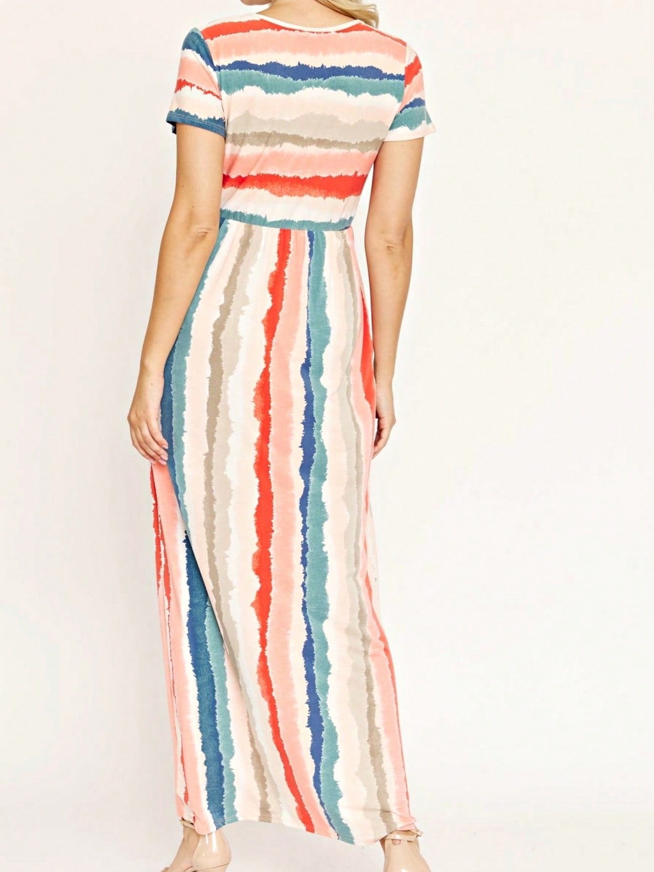 Boho Retro Multi Ditsy Floral Stripe Blue Charcoal Black Coral Short Sleeve Maxi Long Dress With Pocket | S-3X