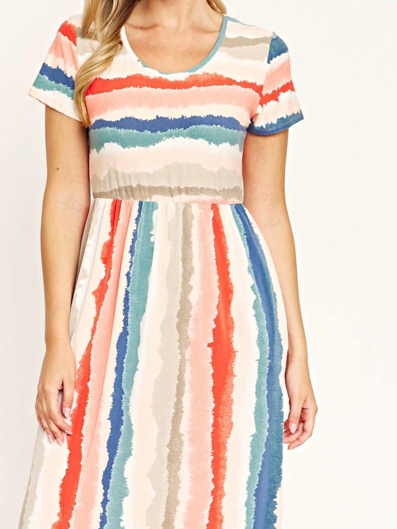 Boho Retro Multi Ditsy Floral Stripe Blue Charcoal Black Coral Short Sleeve Maxi Long Dress With Pocket | S-3X