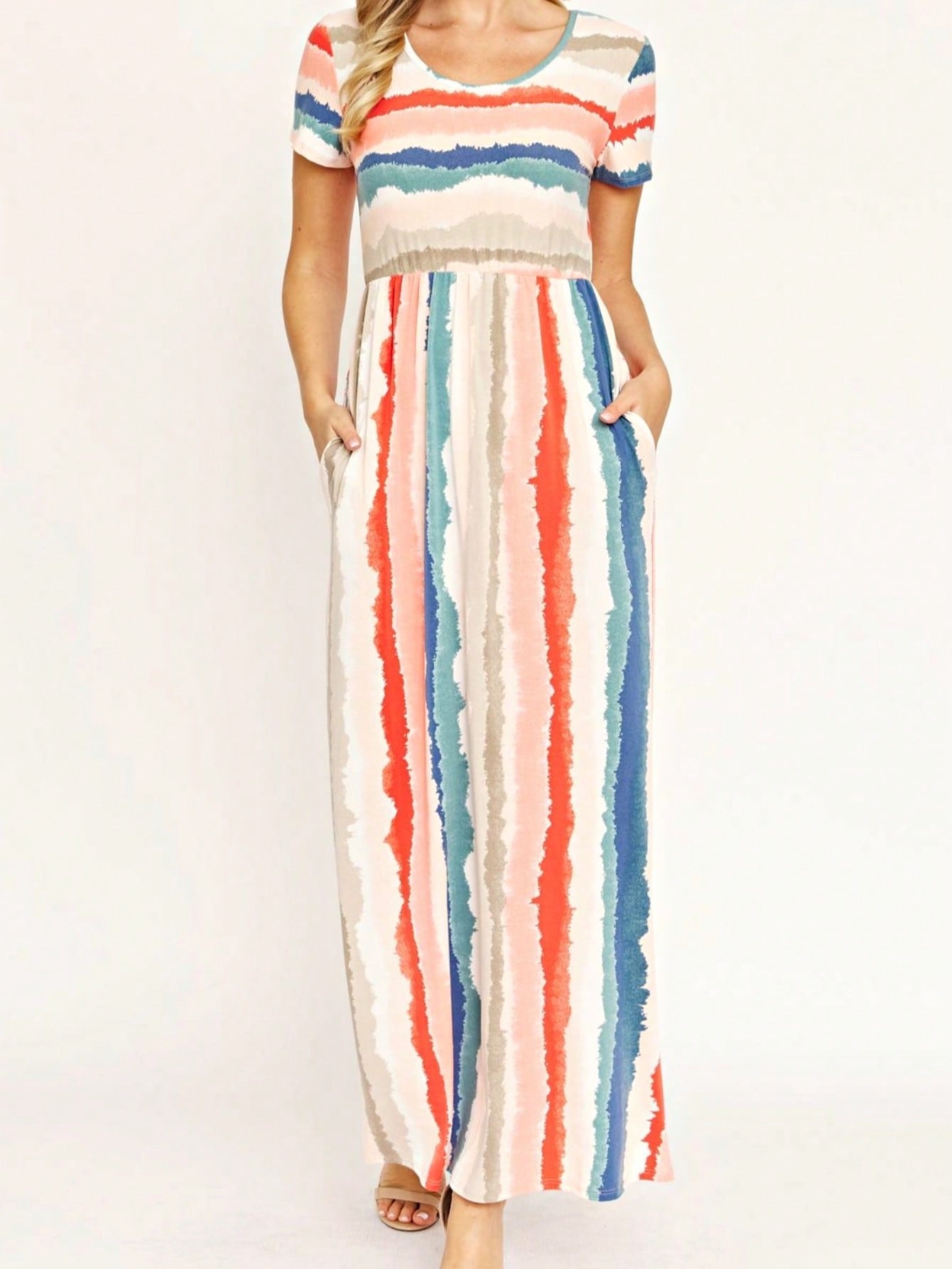 Boho Retro Multi Ditsy Floral Stripe Blue Charcoal Black Coral Short Sleeve Maxi Long Dress With Pocket | S-3X