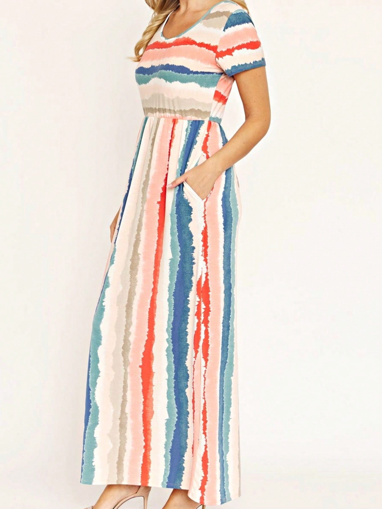 Boho Retro Multi Ditsy Floral Stripe Blue Charcoal Black Coral Short Sleeve Maxi Long Dress With Pocket | S-3X