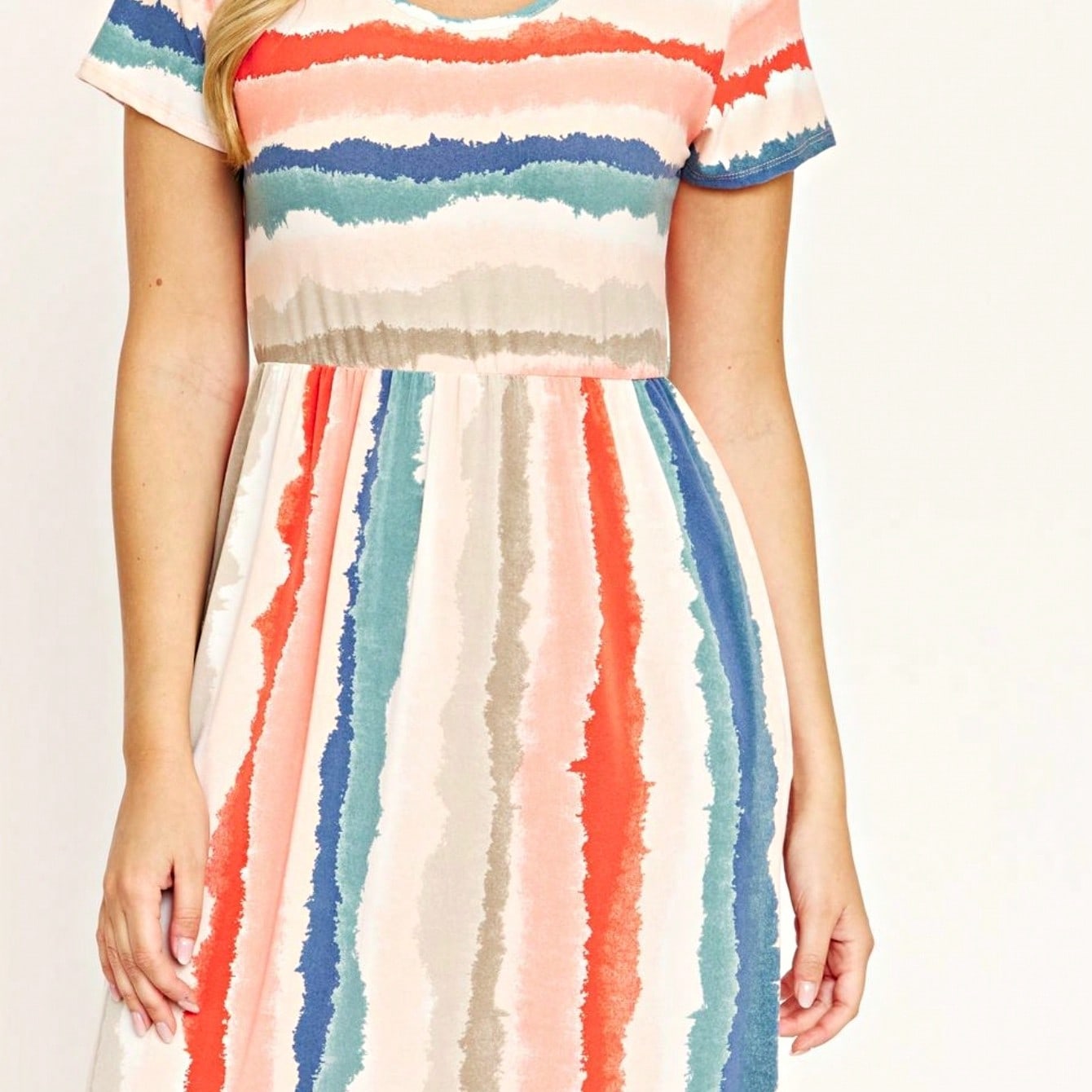 Boho Retro Multi Ditsy Floral Stripe Blue Charcoal Black Coral Short Sleeve Maxi Long Dress With Pocket | S-3X