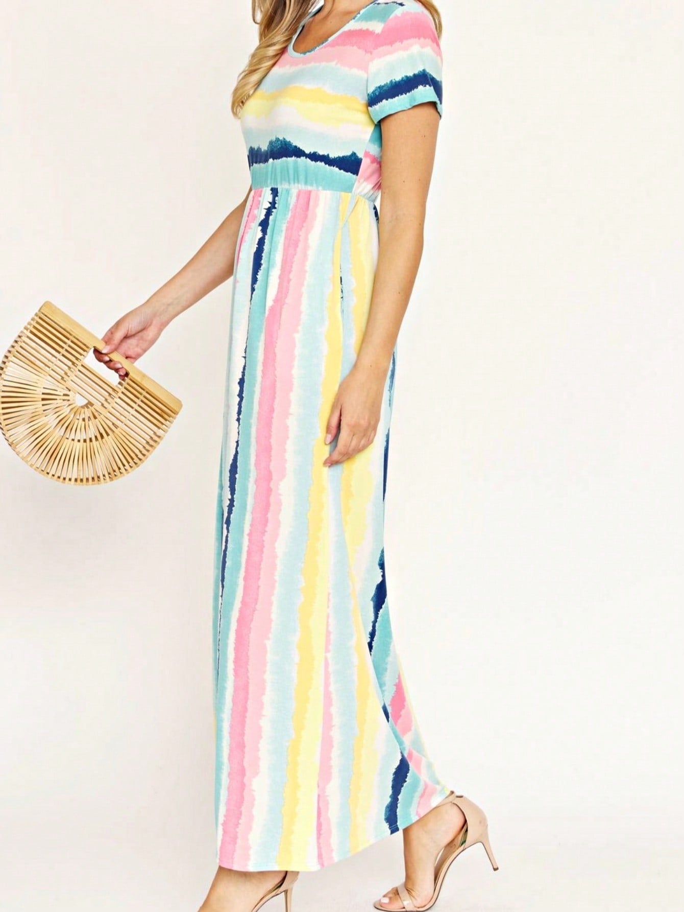Boho Retro Multi Ditsy Floral Stripe Blue Charcoal Black Coral Short Sleeve Maxi Long Dress With Pocket | S-3X