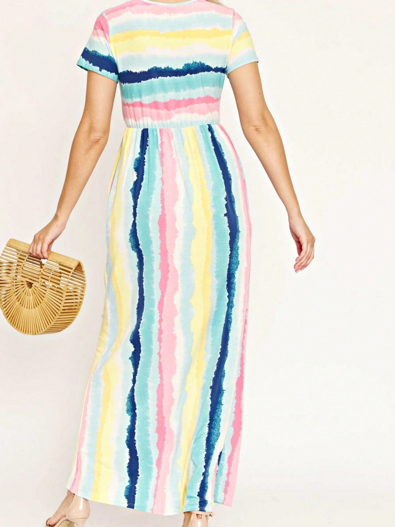 Boho Retro Multi Ditsy Floral Stripe Blue Charcoal Black Coral Short Sleeve Maxi Long Dress With Pocket | S-3X