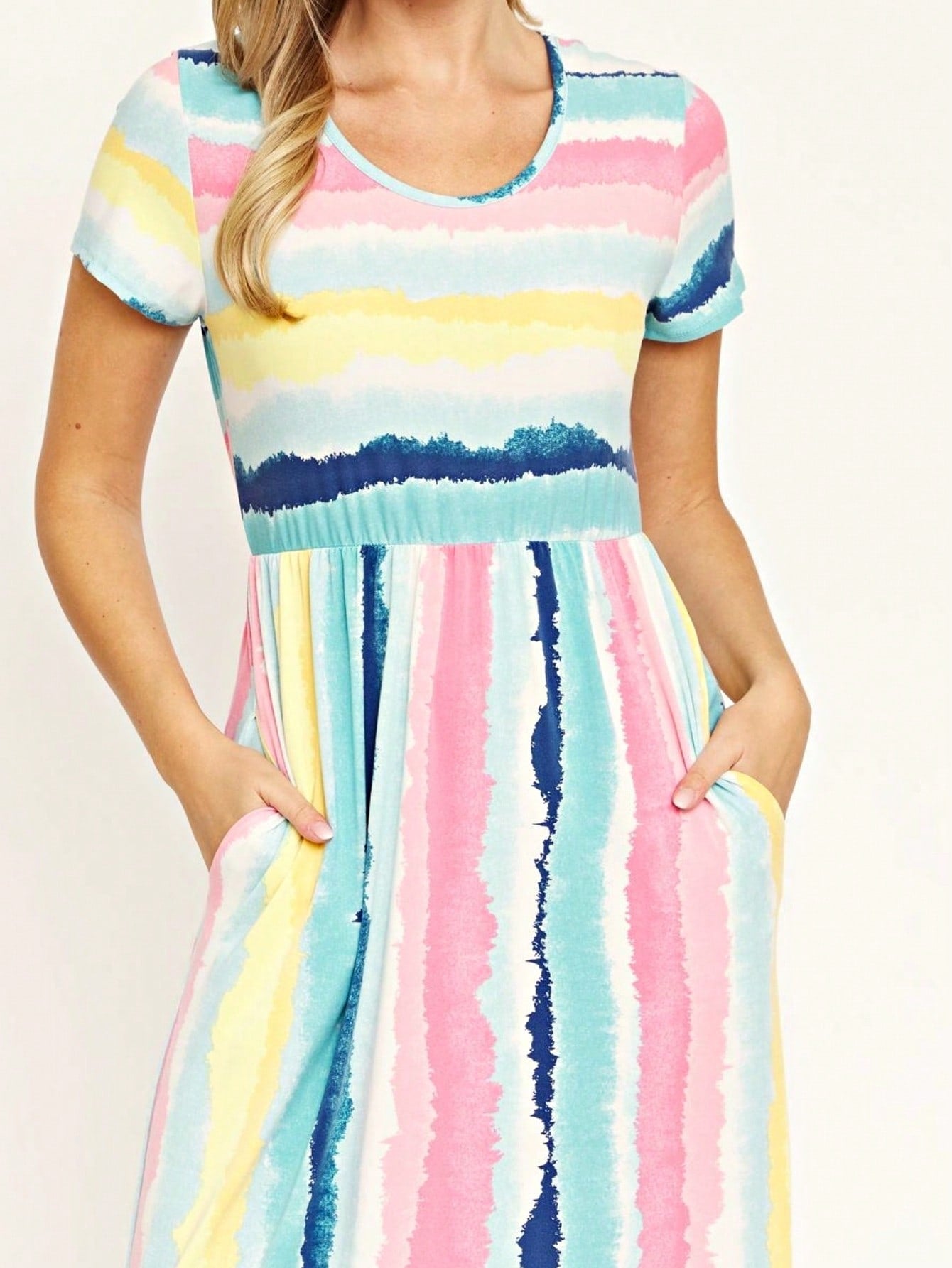 Boho Retro Multi Ditsy Floral Stripe Blue Charcoal Black Coral Short Sleeve Maxi Long Dress With Pocket | S-3X