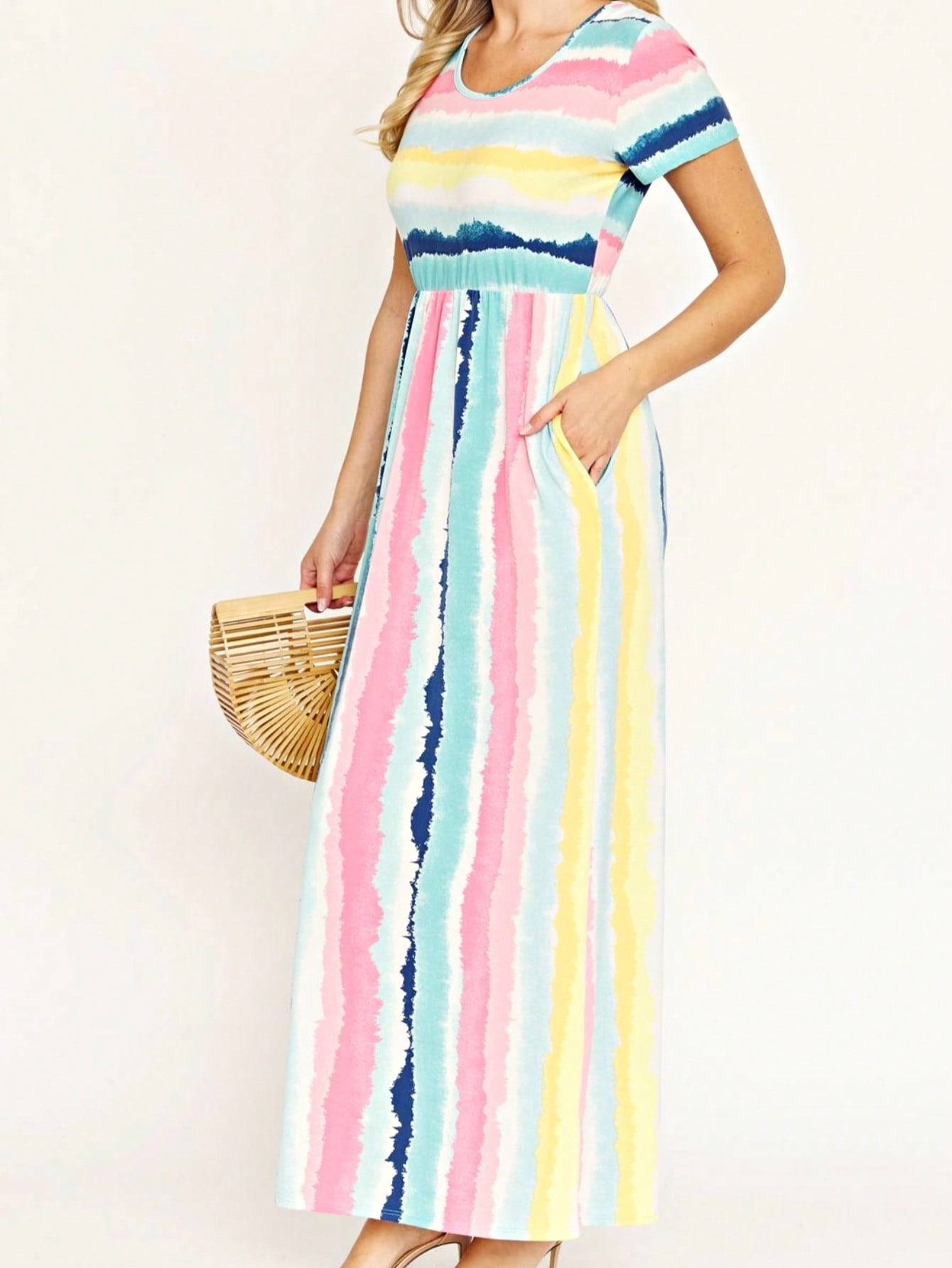 Boho Retro Multi Ditsy Floral Stripe Blue Charcoal Black Coral Short Sleeve Maxi Long Dress With Pocket | S-3X