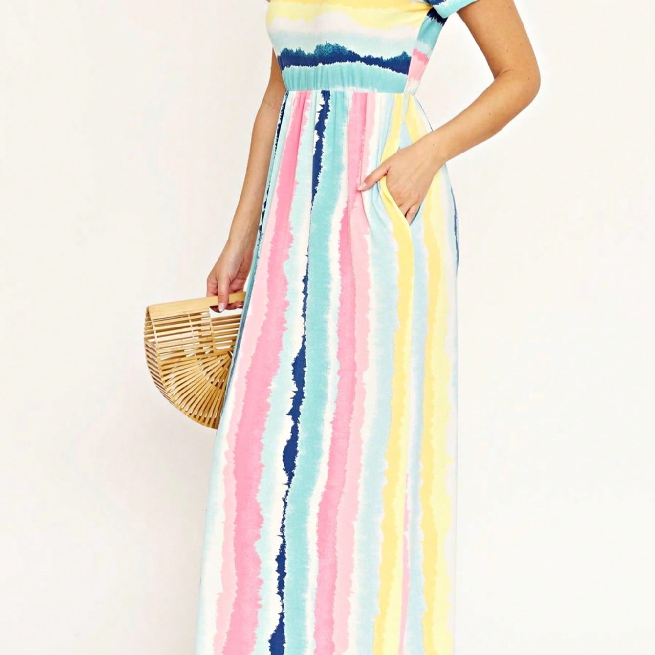 Boho Retro Multi Ditsy Floral Stripe Blue Charcoal Black Coral Short Sleeve Maxi Long Dress With Pocket | S-3X