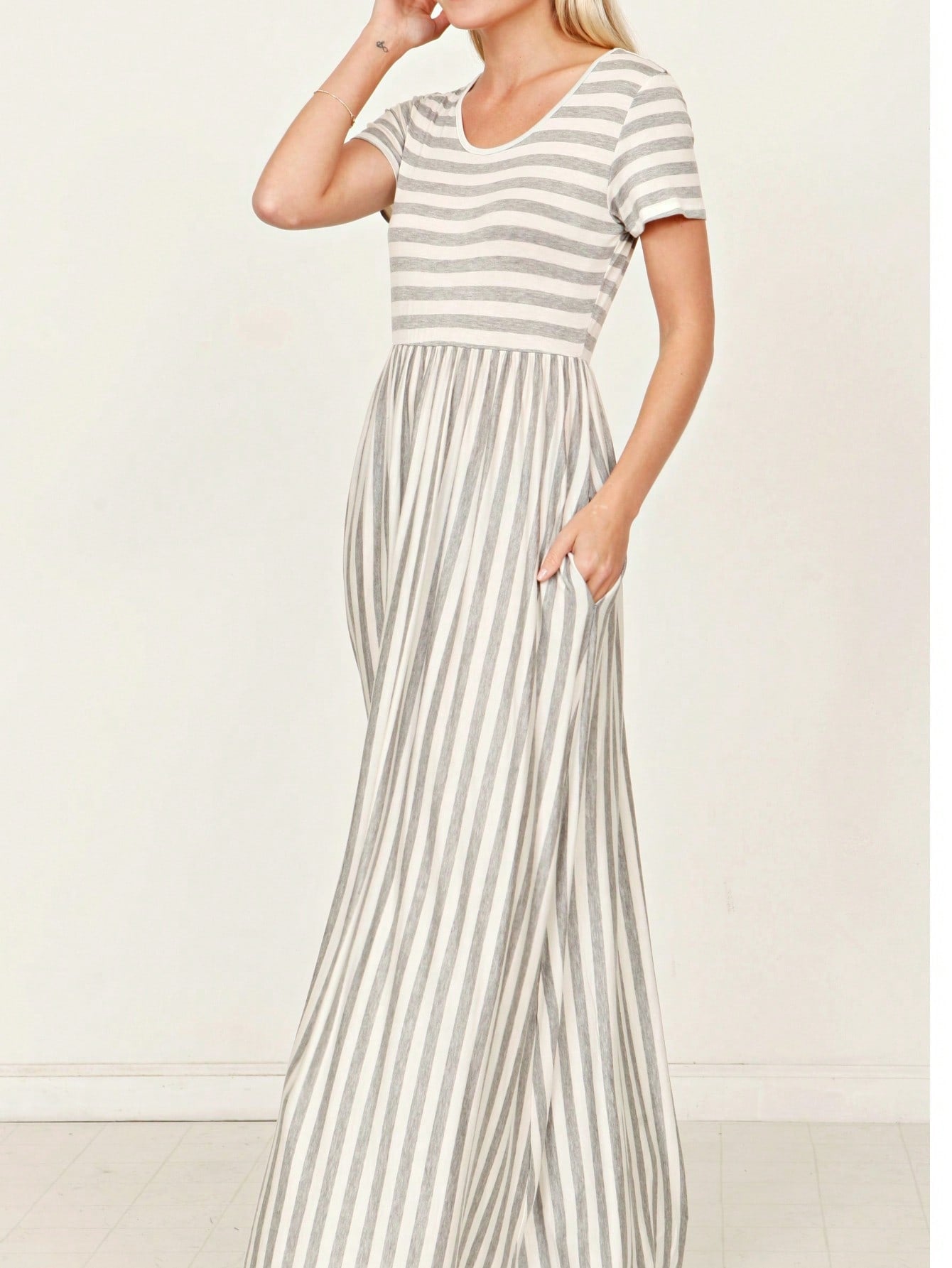 Boho Retro Multi Ditsy Floral Stripe Blue Charcoal Black Coral Short Sleeve Maxi Long Dress With Pocket | S-3X