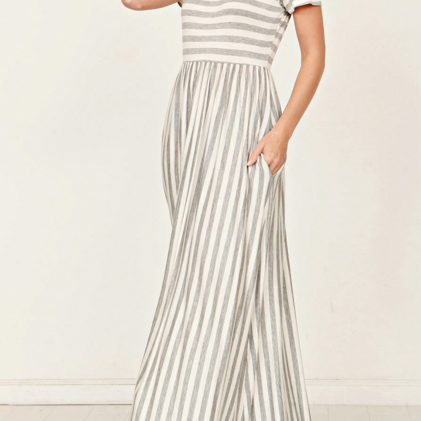 Boho Retro Multi Ditsy Floral Stripe Blue Charcoal Black Coral Short Sleeve Maxi Long Dress With Pocket | S-3X