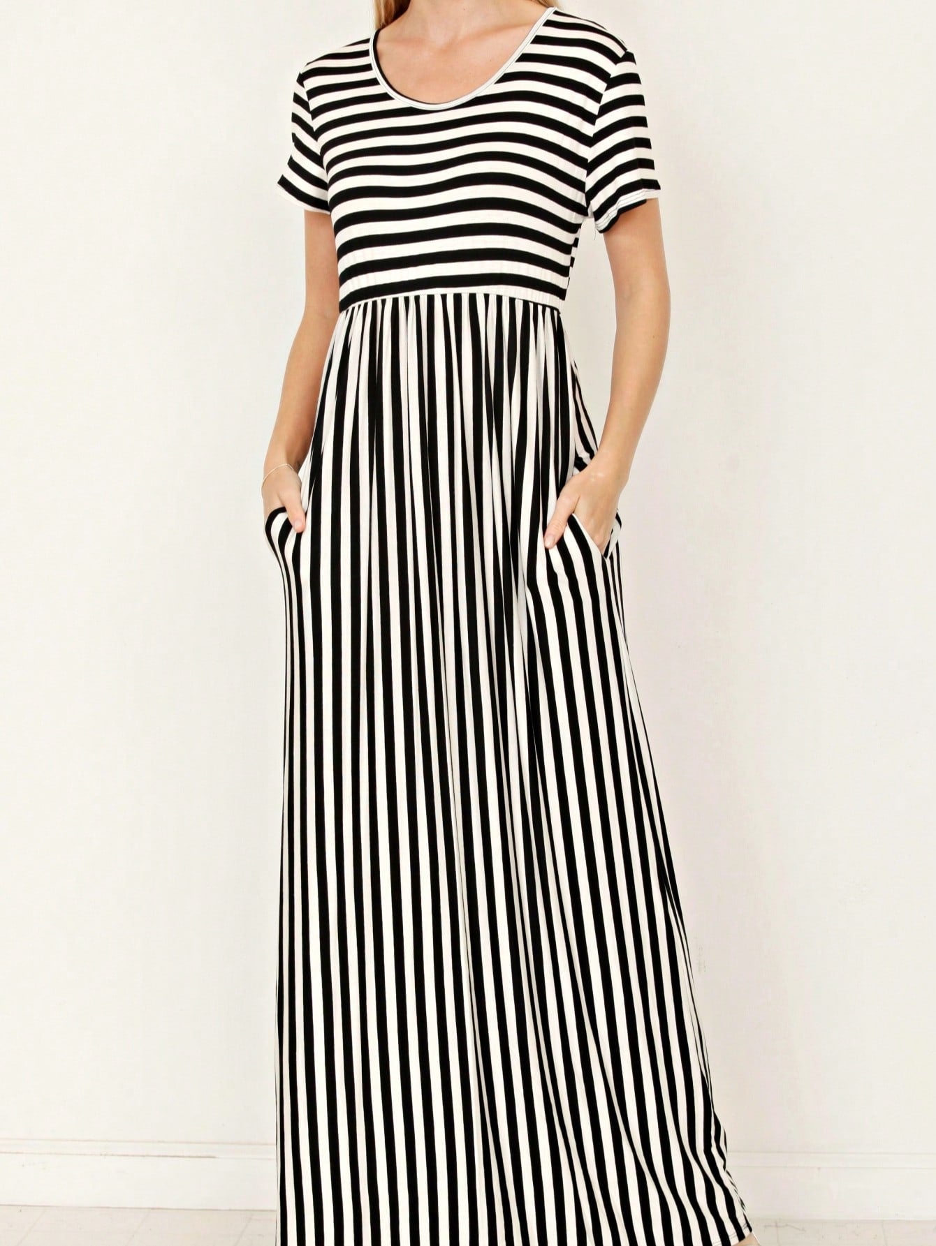 Boho Retro Multi Ditsy Floral Stripe Blue Charcoal Black Coral Short Sleeve Maxi Long Dress With Pocket | S-3X