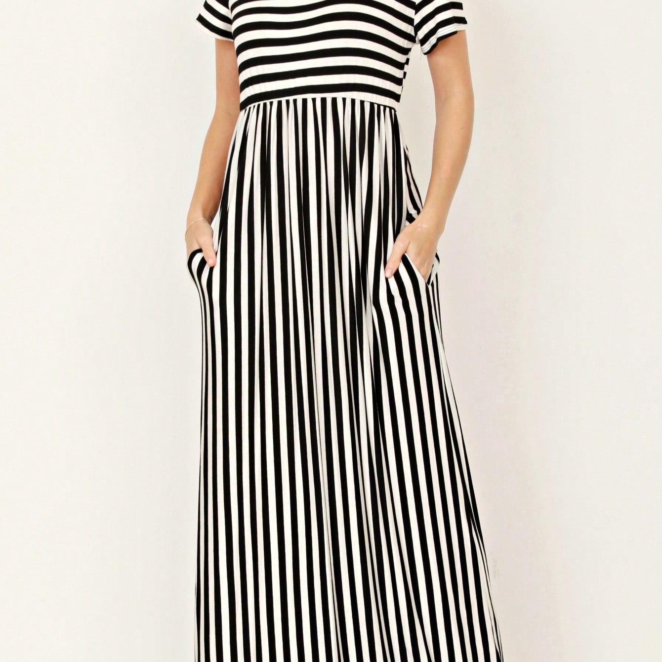 Boho Retro Multi Ditsy Floral Stripe Blue Charcoal Black Coral Short Sleeve Maxi Long Dress With Pocket | S-3X