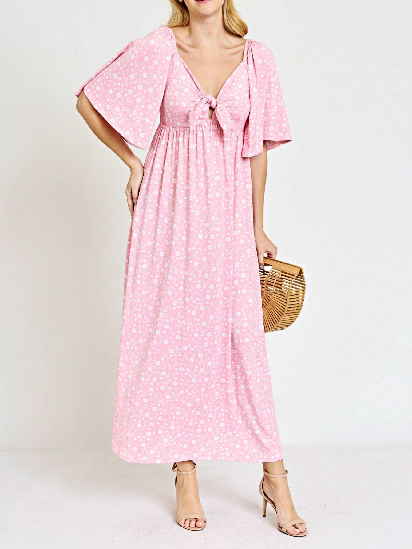 Boho Retro Polka Dot Rayon Mix Casual  Maxi Dress With Folded Cap Sleeve Side Pockets Versatile Summer Dress For Women