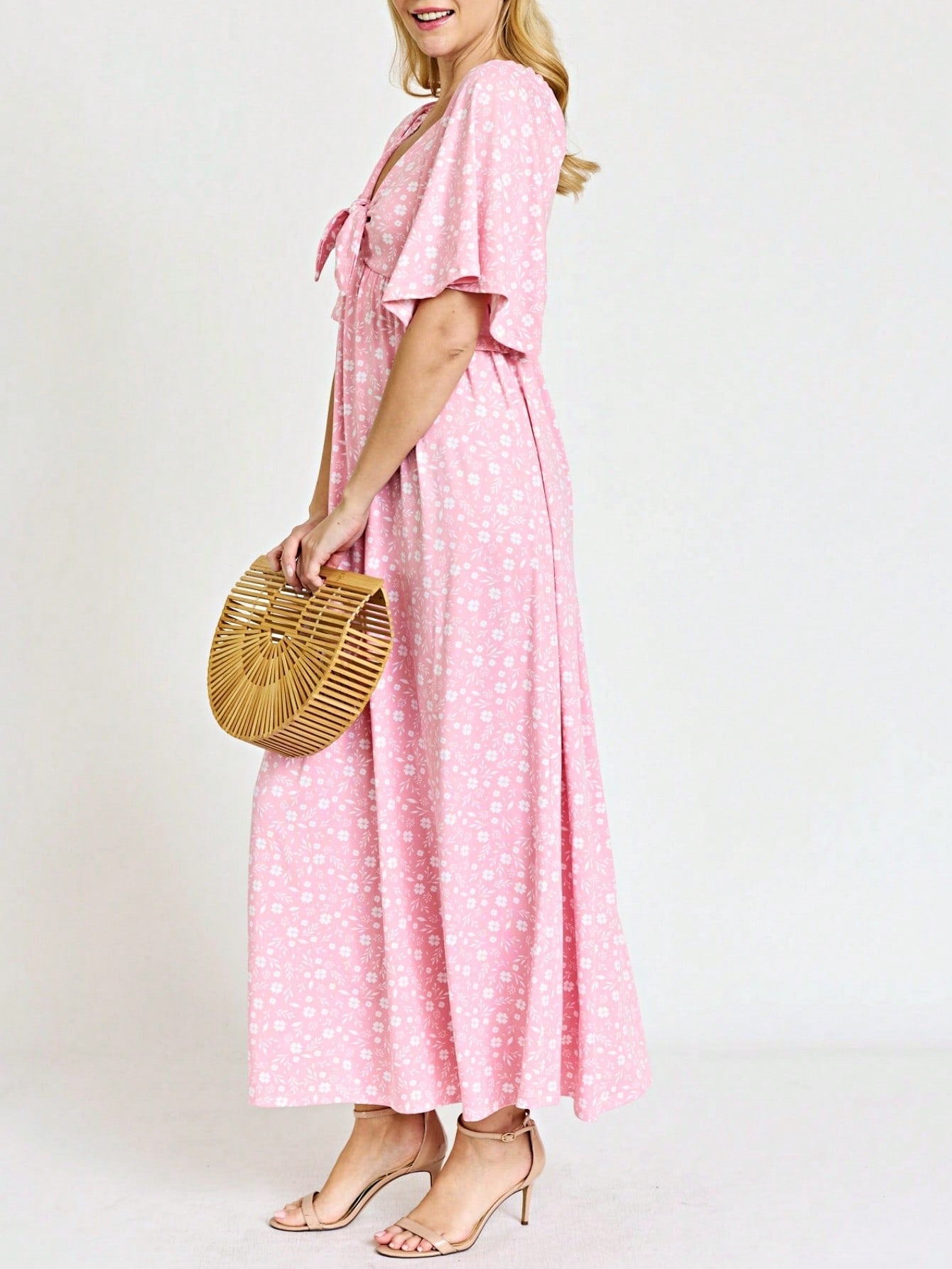 Boho Retro Polka Dot Rayon Mix Casual  Maxi Dress With Folded Cap Sleeve Side Pockets Versatile Summer Dress For Women