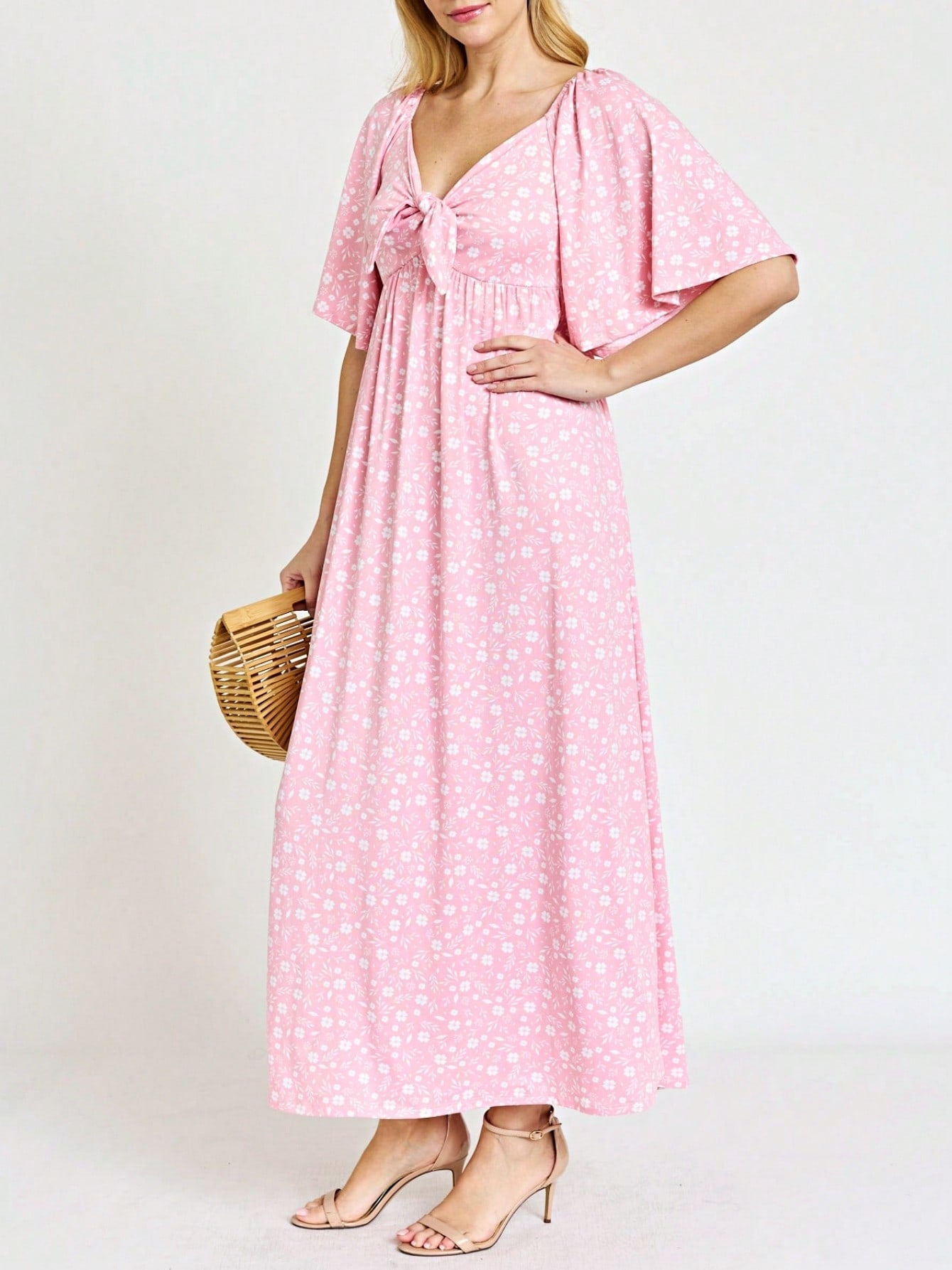Boho Retro Polka Dot Rayon Mix Casual  Maxi Dress With Folded Cap Sleeve Side Pockets Versatile Summer Dress For Women