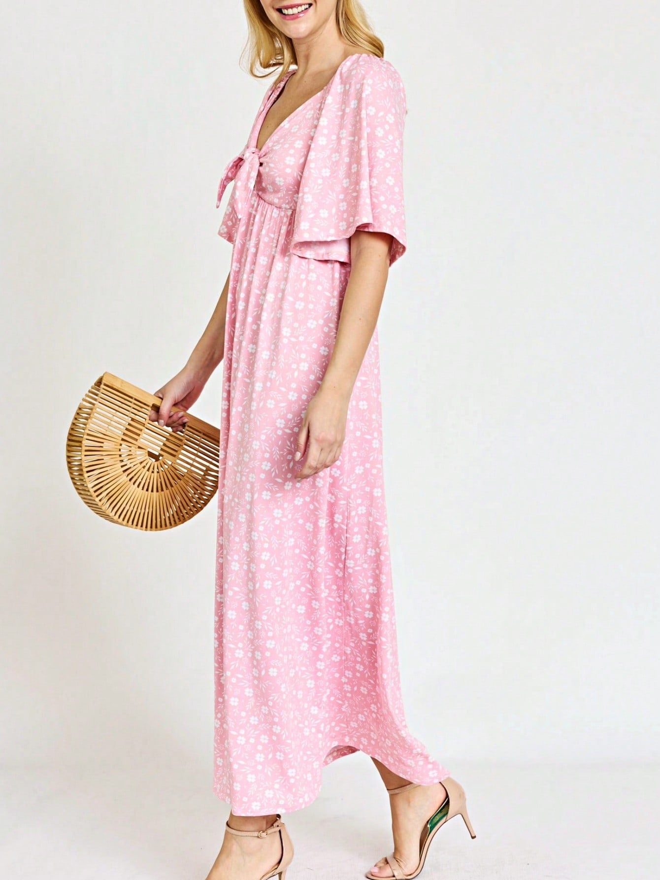 Boho Retro Polka Dot Rayon Mix Casual  Maxi Dress With Folded Cap Sleeve Side Pockets Versatile Summer Dress For Women