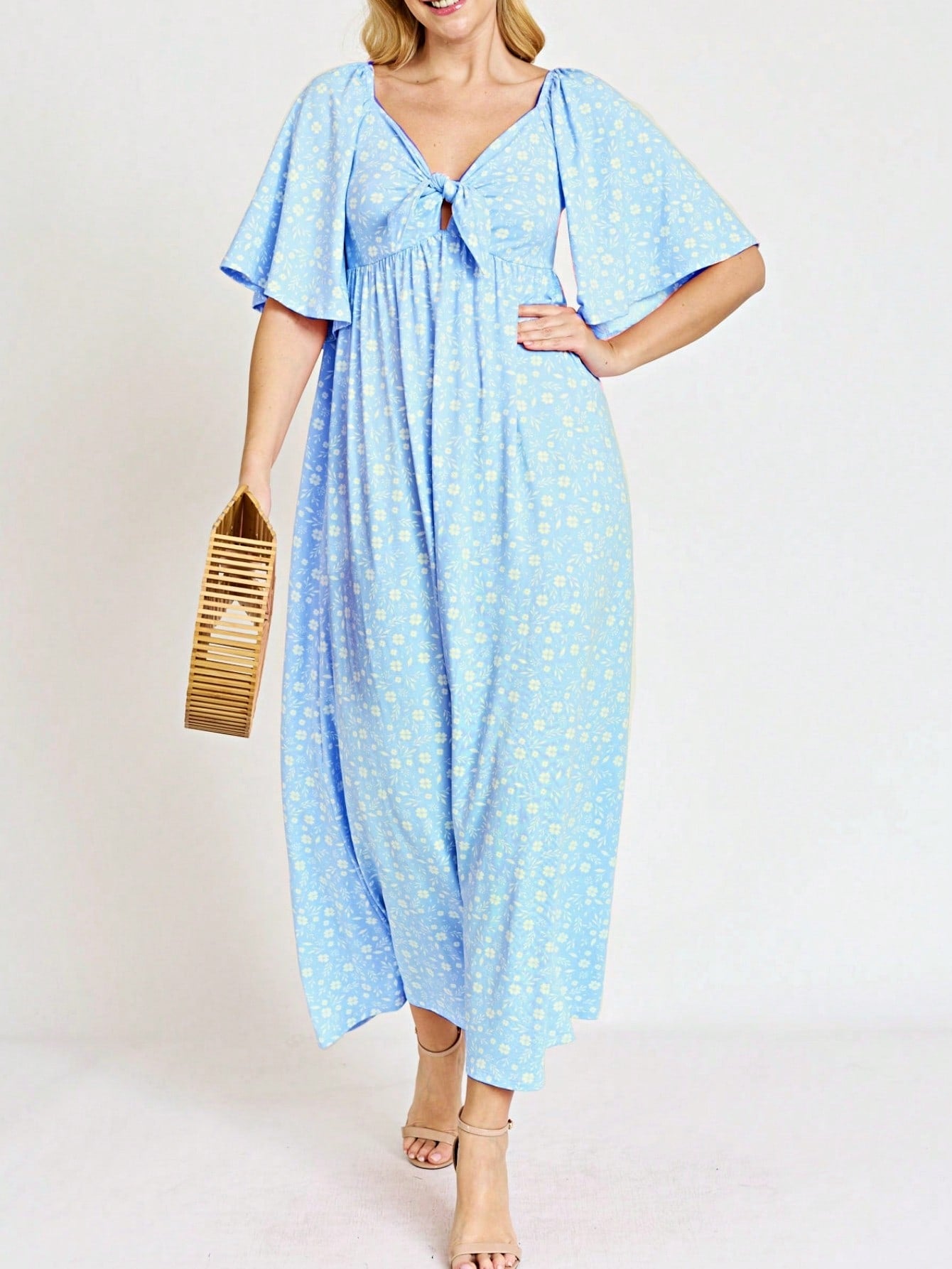 Boho Retro Polka Dot Rayon Mix Casual  Maxi Dress With Folded Cap Sleeve Side Pockets Versatile Summer Dress For Women