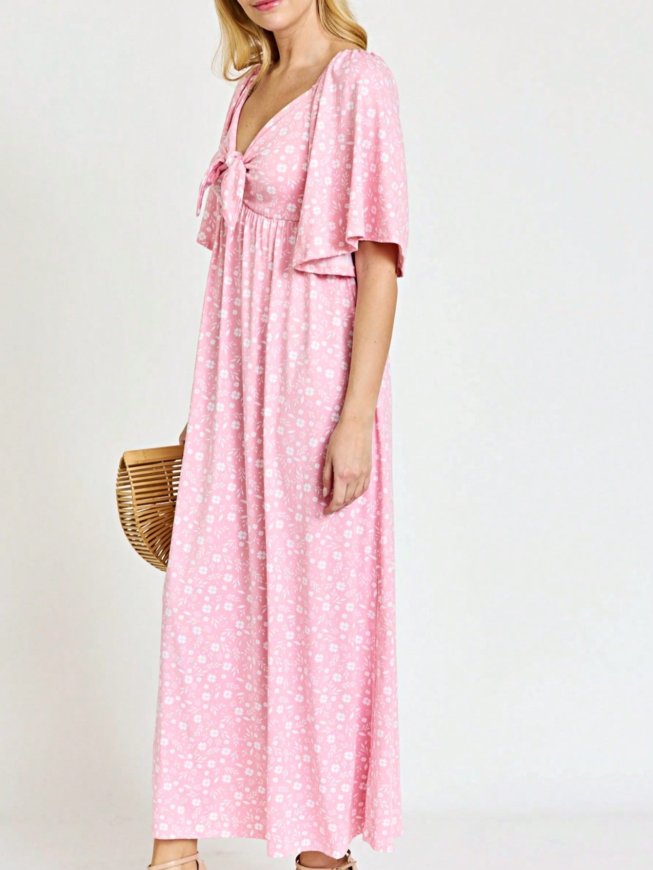 Boho Retro Polka Dot Rayon Mix Casual  Maxi Dress With Folded Cap Sleeve Side Pockets Versatile Summer Dress For Women