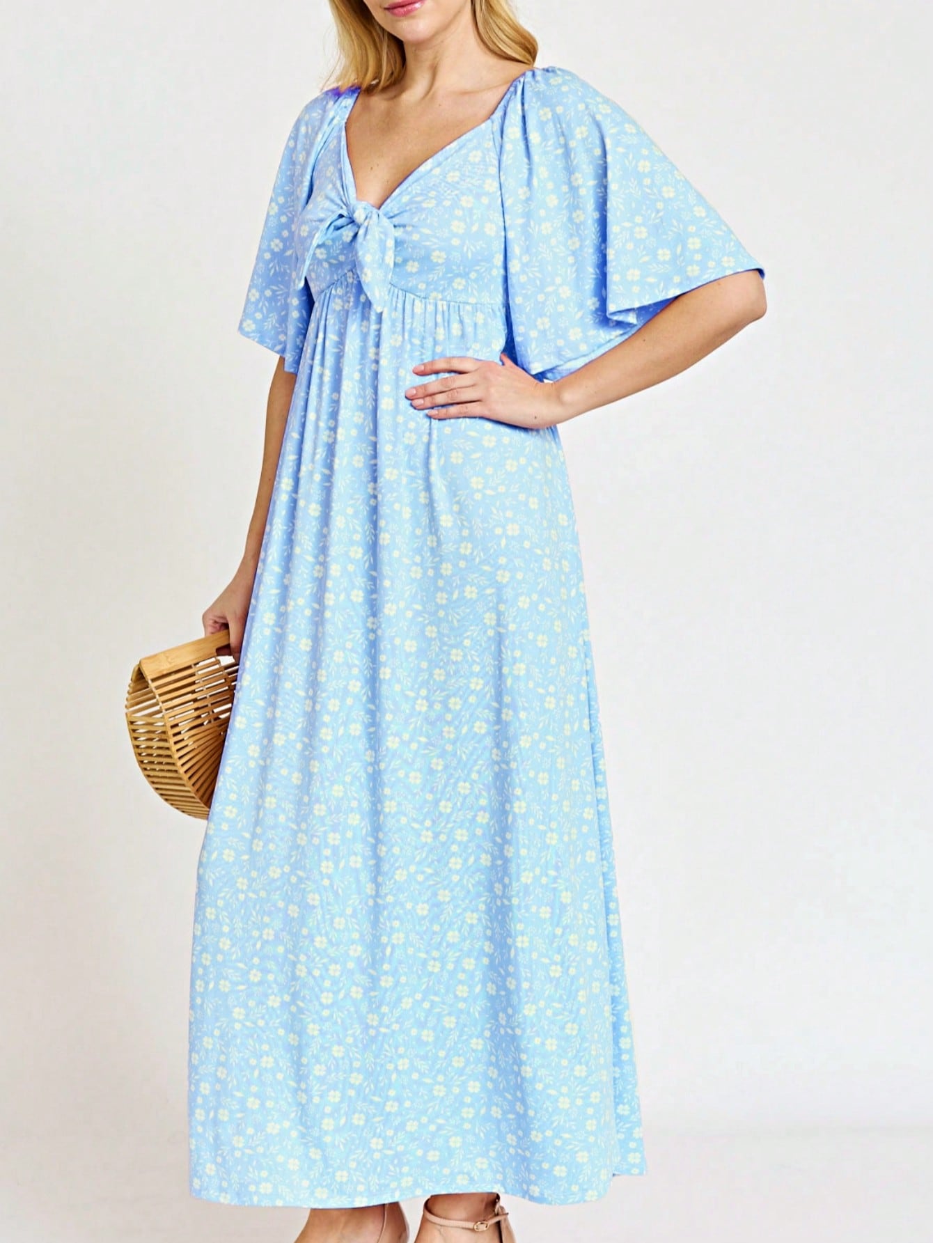 Boho Retro Polka Dot Rayon Mix Casual  Maxi Dress With Folded Cap Sleeve Side Pockets Versatile Summer Dress For Women