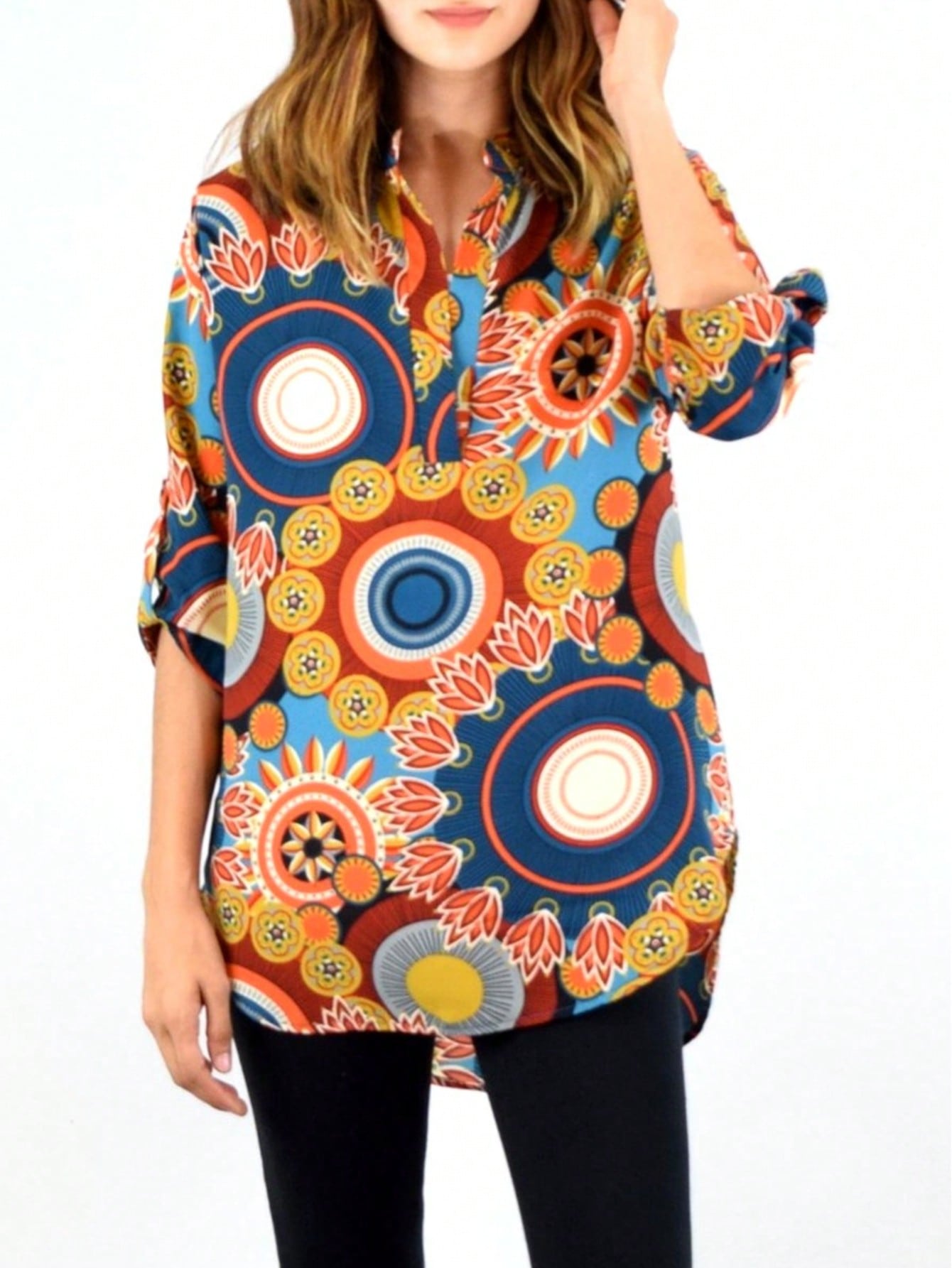 Summer/Spring Ditsy Floral Patch Work Bishop Lantern Sleeve Crew Neck Cute Baby Doll Top Blouse With Button Accent Breathable, Plus Extended Size