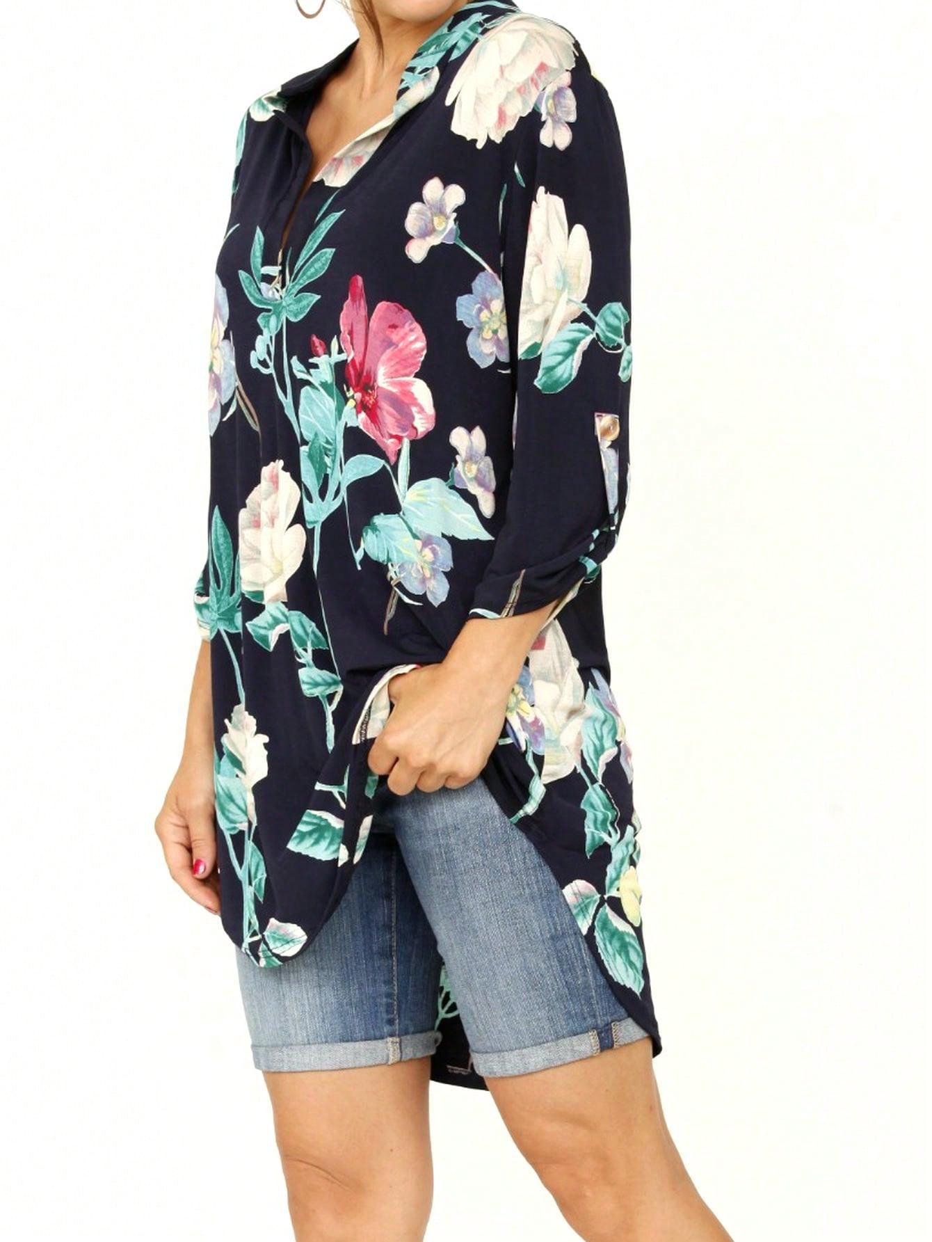 Summer/Spring Ditsy Floral Patch Work Bishop Lantern Sleeve Crew Neck Cute Baby Doll Top Blouse With Button Accent Breathable, Plus Extended Size