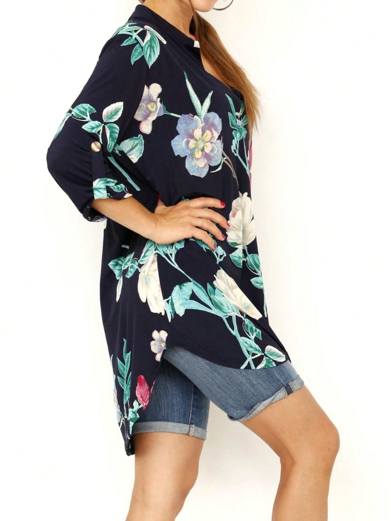 Summer/Spring Ditsy Floral Patch Work Bishop Lantern Sleeve Crew Neck Cute Baby Doll Top Blouse With Button Accent Breathable, Plus Extended Size