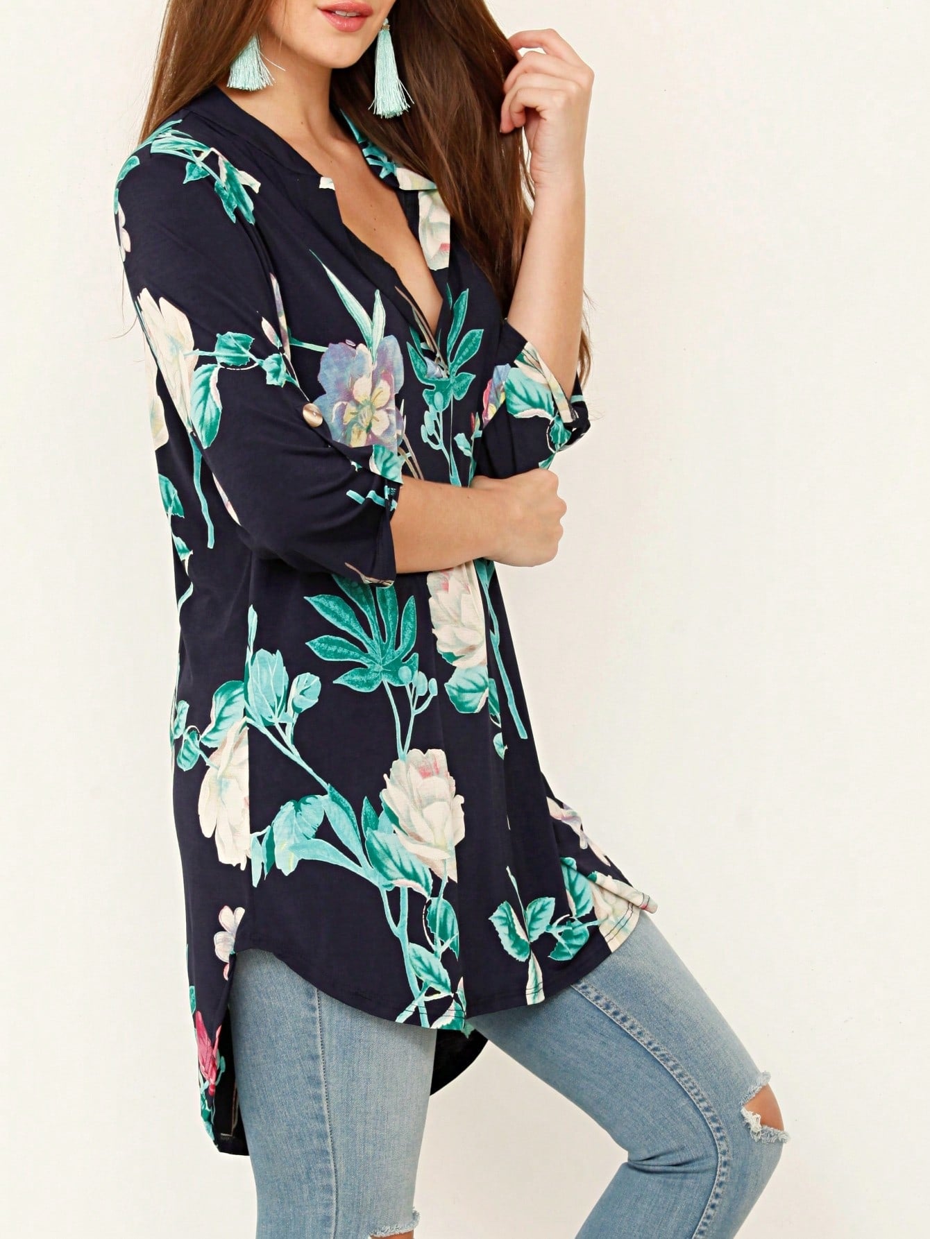 Summer/Spring Ditsy Floral Patch Work Bishop Lantern Sleeve Crew Neck Cute Baby Doll Top Blouse With Button Accent Breathable, Plus Extended Size