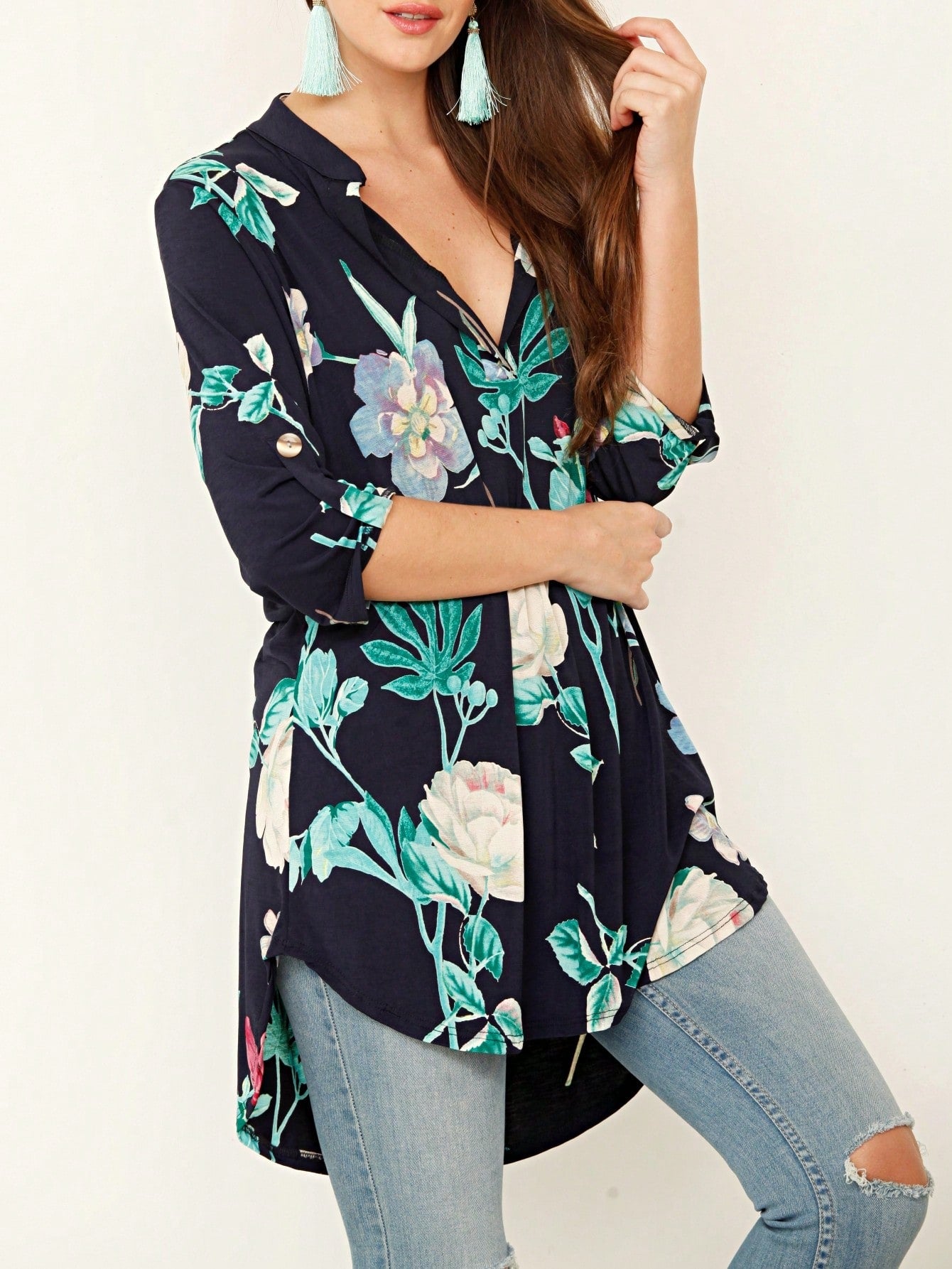 Summer/Spring Ditsy Floral Patch Work Bishop Lantern Sleeve Crew Neck Cute Baby Doll Top Blouse With Button Accent Breathable, Plus Extended Size