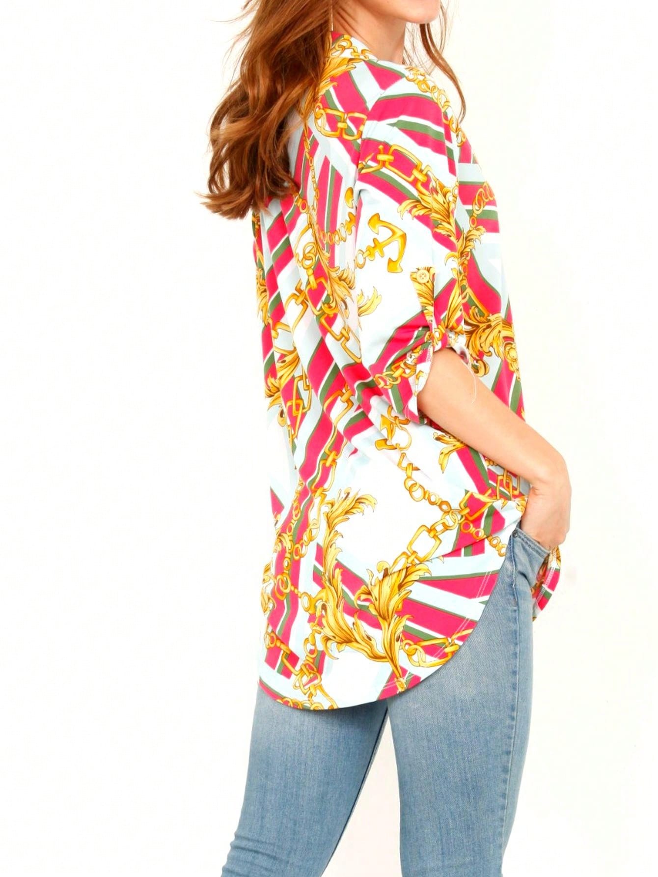 Summer/Spring Ditsy Floral Patch Work Bishop Lantern Sleeve Crew Neck Cute Baby Doll Top Blouse With Button Accent Breathable, Plus Extended Size