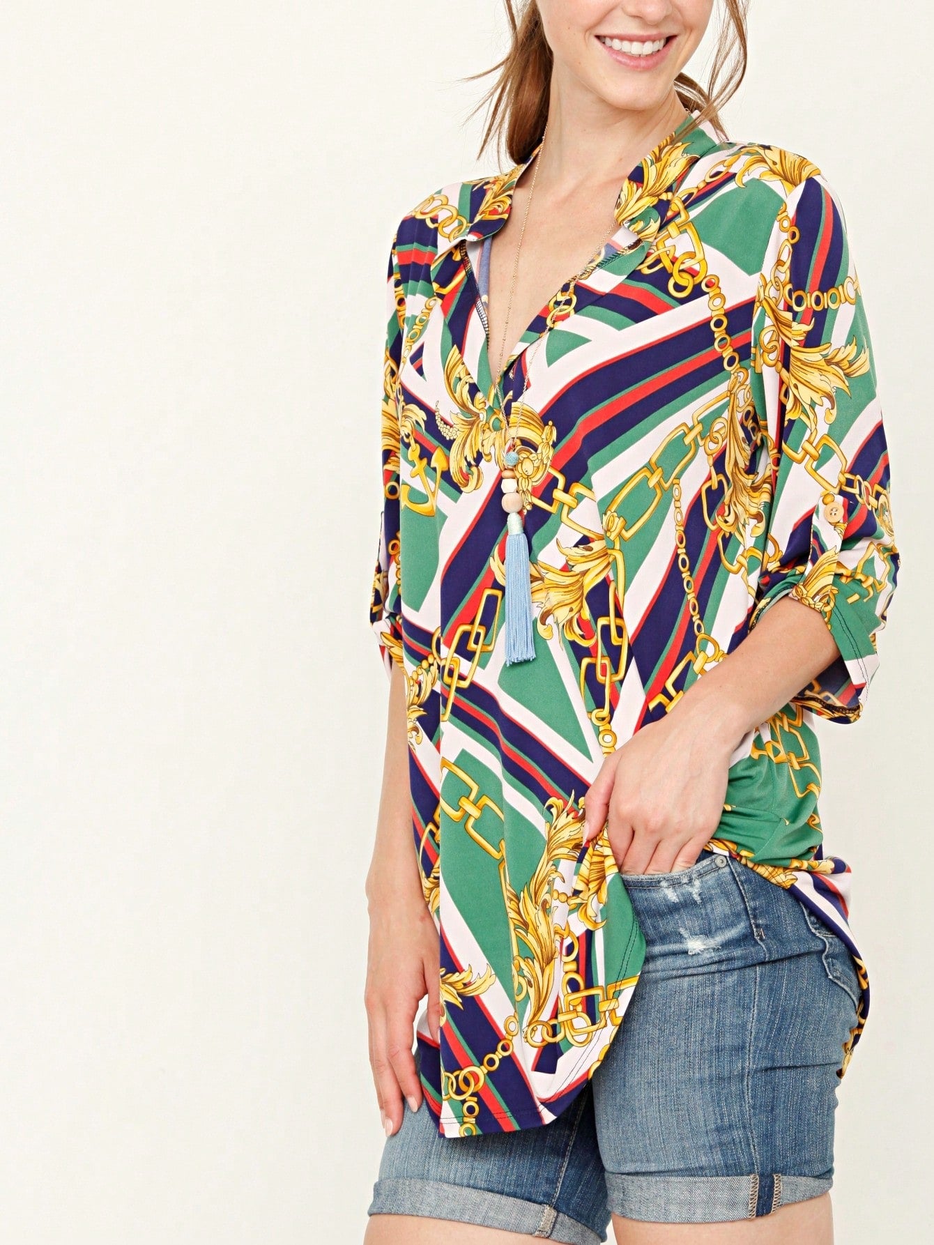 Summer/Spring Ditsy Floral Patch Work Bishop Lantern Sleeve Crew Neck Cute Baby Doll Top Blouse With Button Accent Breathable, Plus Extended Size