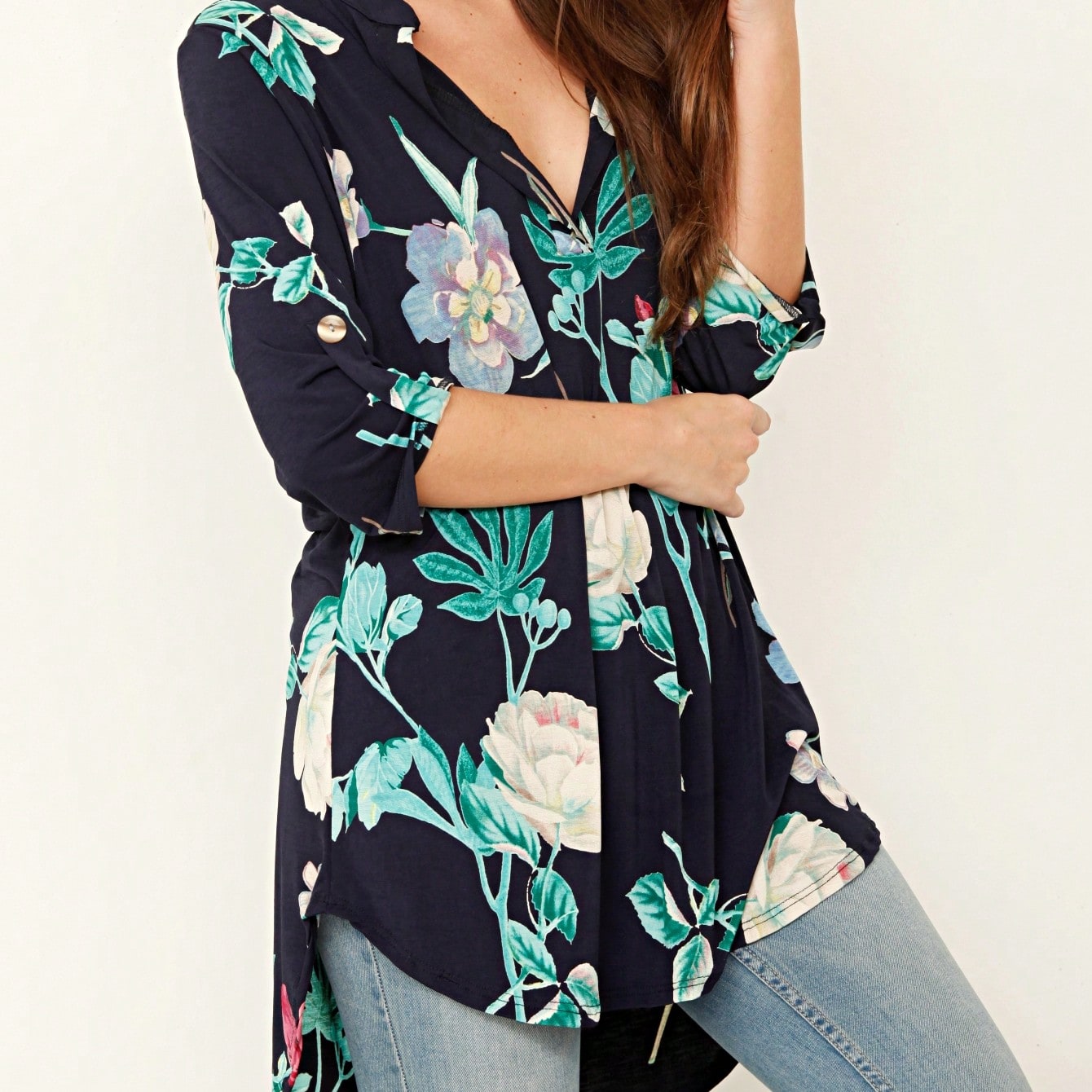 Summer/Spring Ditsy Floral Patch Work Bishop Lantern Sleeve Crew Neck Cute Baby Doll Top Blouse With Button Accent Breathable, Plus Extended Size