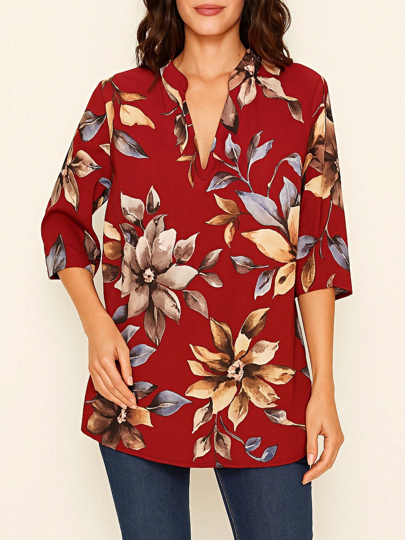 Summer/Spring Ditsy Floral Patch Work Bishop Lantern Sleeve Crew Neck Cute Baby Doll Top Blouse With Button Accent Breathable, Plus Extended Size