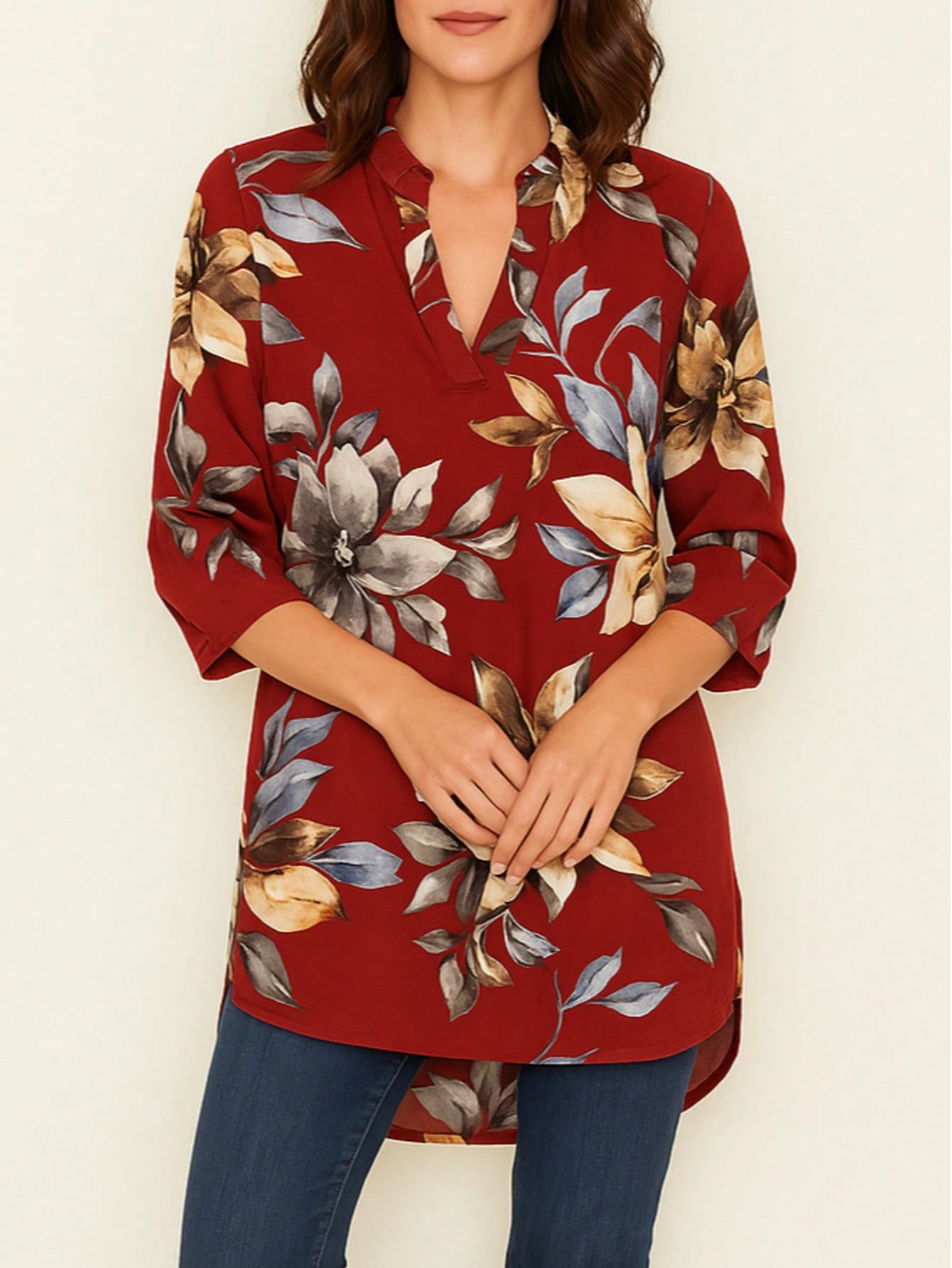 Summer/Spring Ditsy Floral Patch Work Bishop Lantern Sleeve Crew Neck Cute Baby Doll Top Blouse With Button Accent Breathable, Plus Extended Size