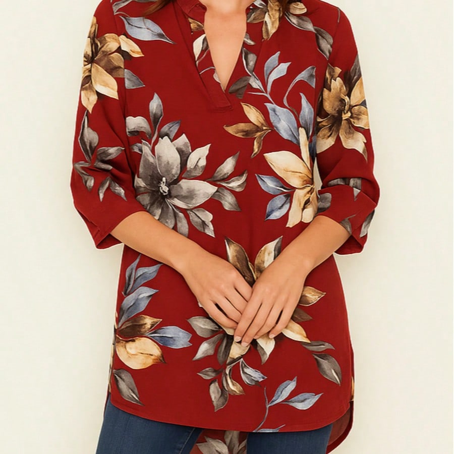 Summer/Spring Ditsy Floral Patch Work Bishop Lantern Sleeve Crew Neck Cute Baby Doll Top Blouse With Button Accent Breathable, Plus Extended Size