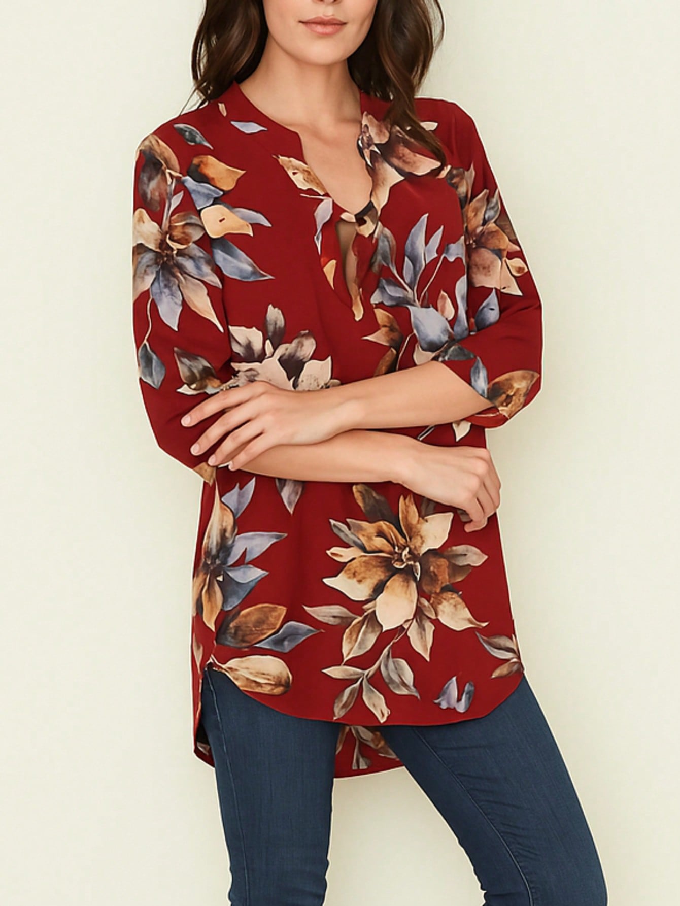 Summer/Spring Ditsy Floral Patch Work Bishop Lantern Sleeve Crew Neck Cute Baby Doll Top Blouse With Button Accent Breathable, Plus Extended Size