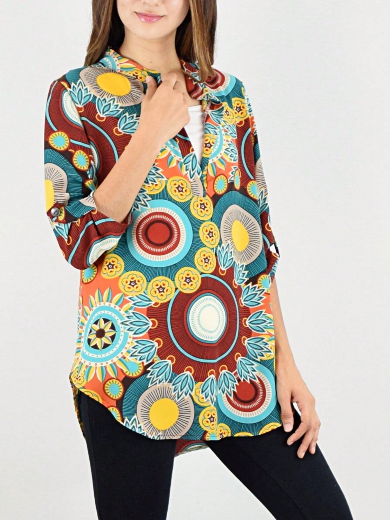 Summer/Spring Ditsy Floral Patch Work Bishop Lantern Sleeve Crew Neck Cute Baby Doll Top Blouse With Button Accent Breathable, Plus Extended Size