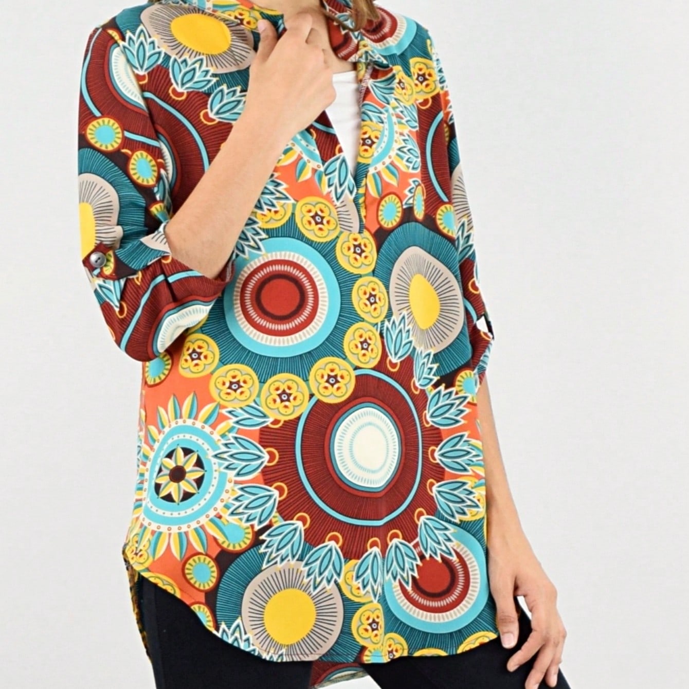 Summer/Spring Ditsy Floral Patch Work Bishop Lantern Sleeve Crew Neck Cute Baby Doll Top Blouse With Button Accent Breathable, Plus Extended Size