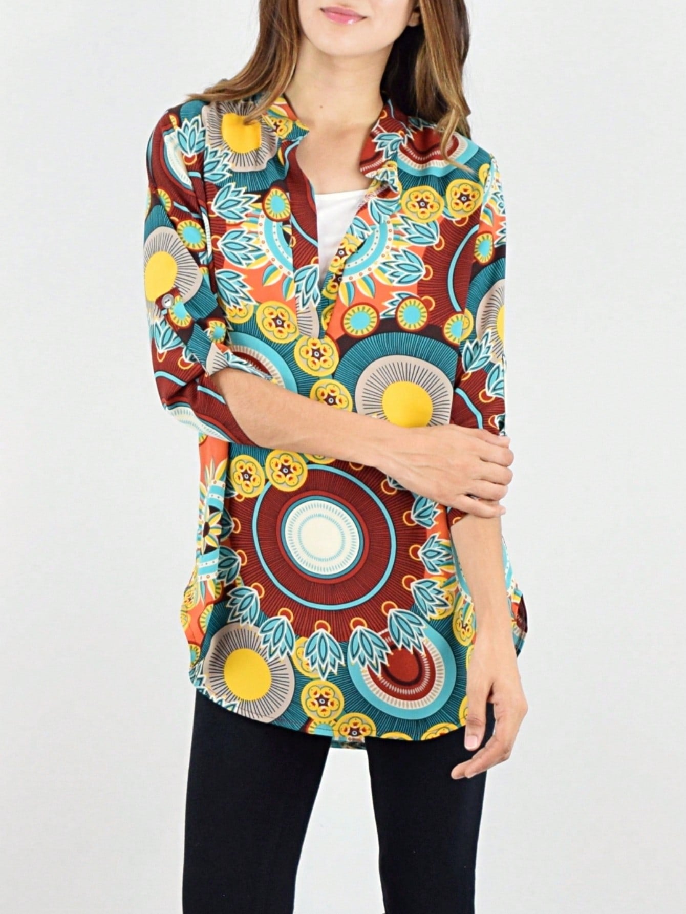 Summer/Spring Ditsy Floral Patch Work Bishop Lantern Sleeve Crew Neck Cute Baby Doll Top Blouse With Button Accent Breathable, Plus Extended Size