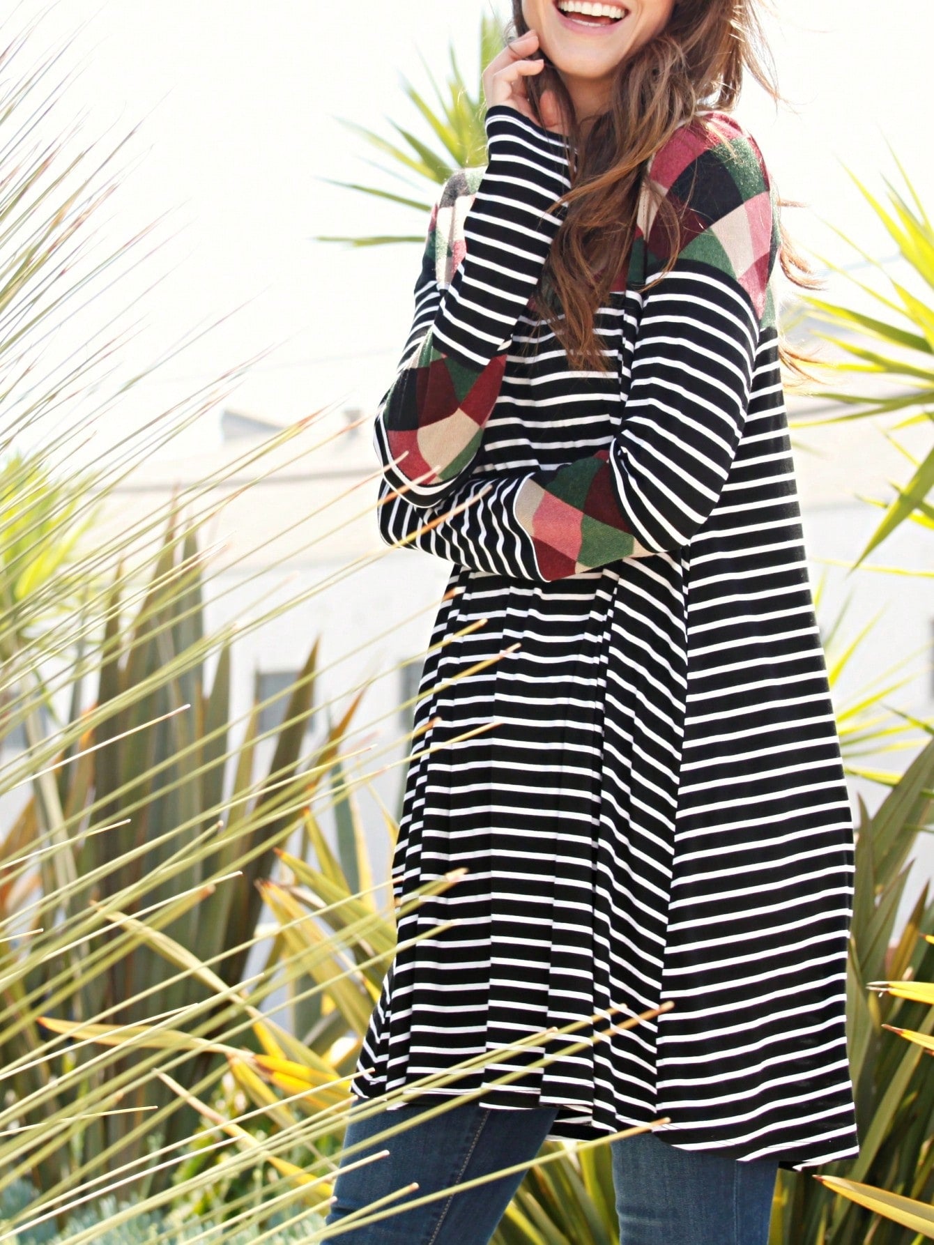 Boho Retro 90's Vintage V Stitch  Stripe Knit Contrast Binding Brushed Soft Stripe Raglan Sleeve Tunic Top Pullover