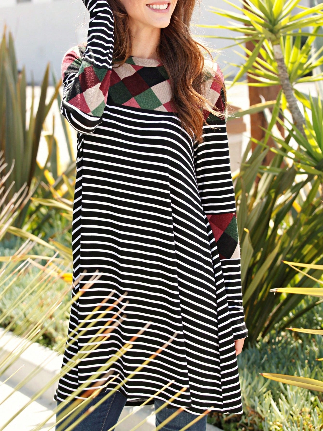 Boho Retro 90's Vintage V Stitch  Stripe Knit Contrast Binding Brushed Soft Stripe Raglan Sleeve Tunic Top Pullover