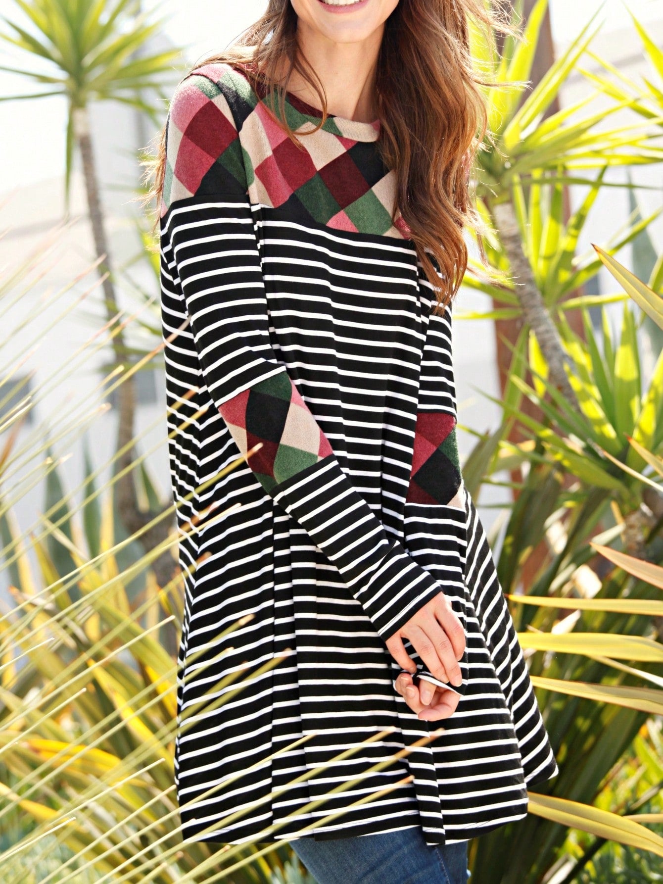 Boho Retro 90's Vintage V Stitch  Stripe Knit Contrast Binding Brushed Soft Stripe Raglan Sleeve Tunic Top Pullover