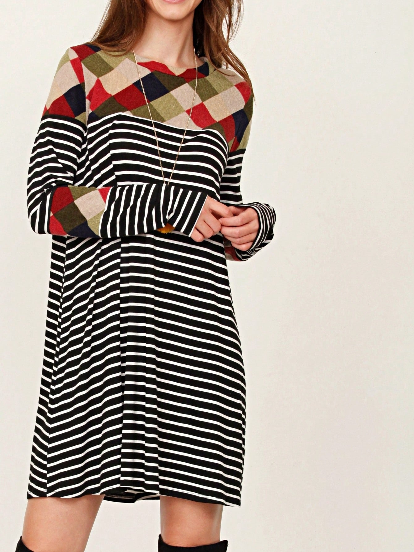 Boho Retro 90's Vintage V Stitch  Stripe Knit Contrast Binding Brushed Soft Stripe Raglan Sleeve Tunic Top Pullover