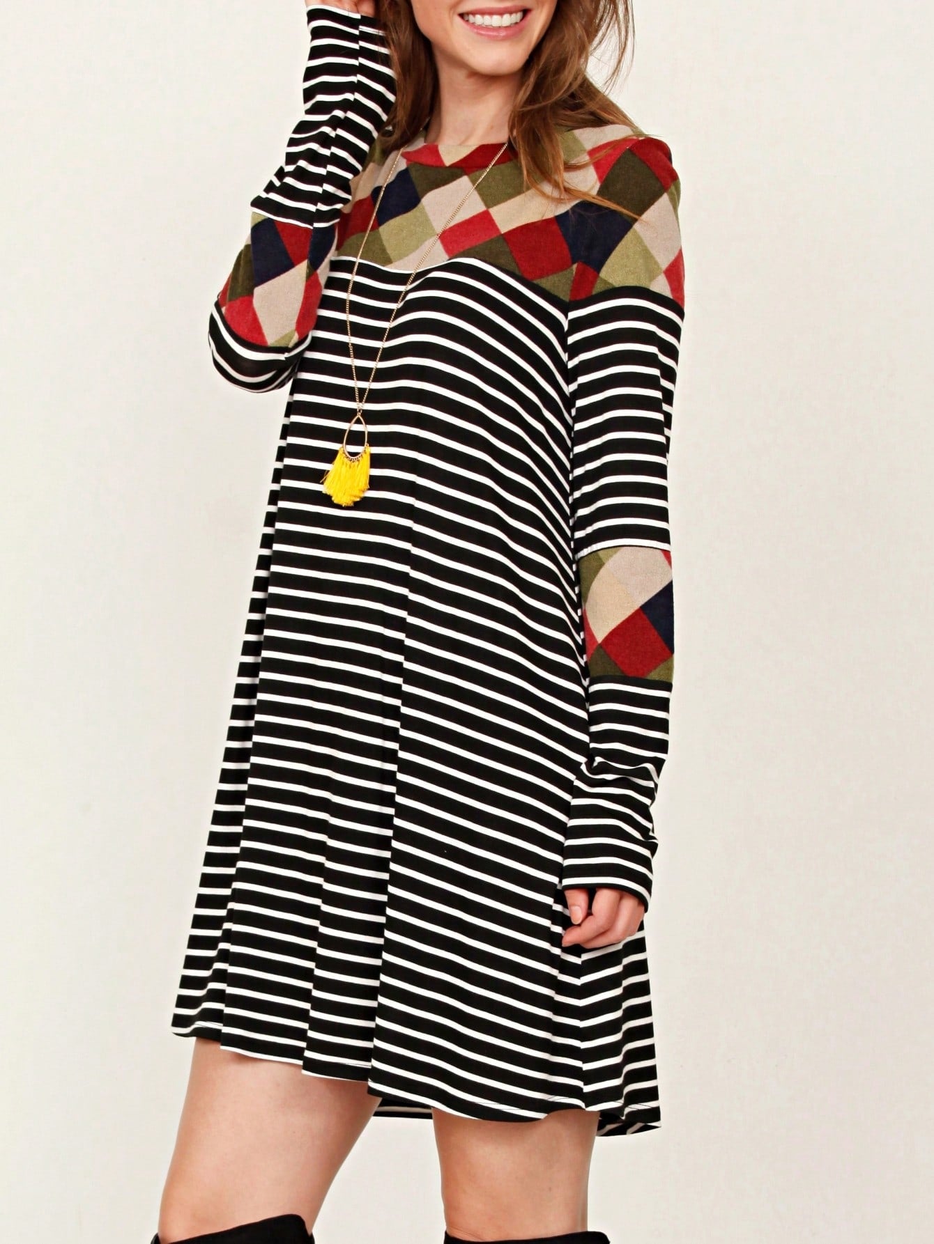 Boho Retro 90's Vintage V Stitch  Stripe Knit Contrast Binding Brushed Soft Stripe Raglan Sleeve Tunic Top Pullover
