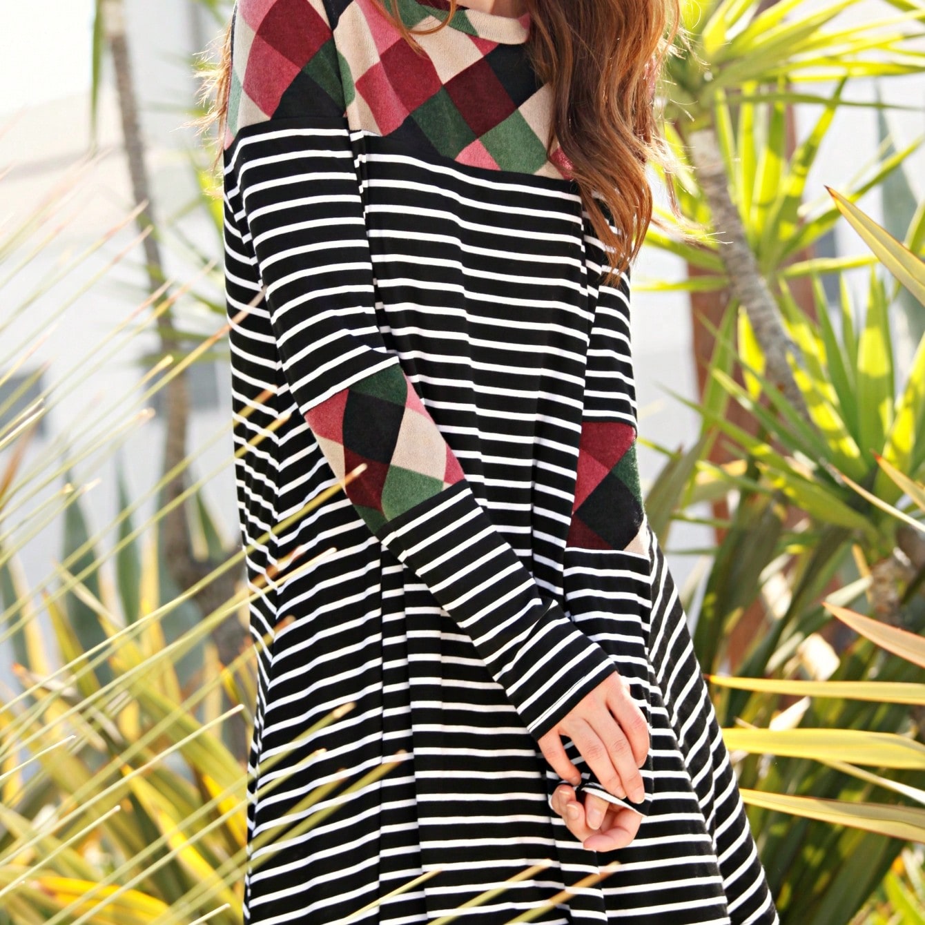 Boho Retro 90's Vintage V Stitch  Stripe Knit Contrast Binding Brushed Soft Stripe Raglan Sleeve Tunic Top Pullover