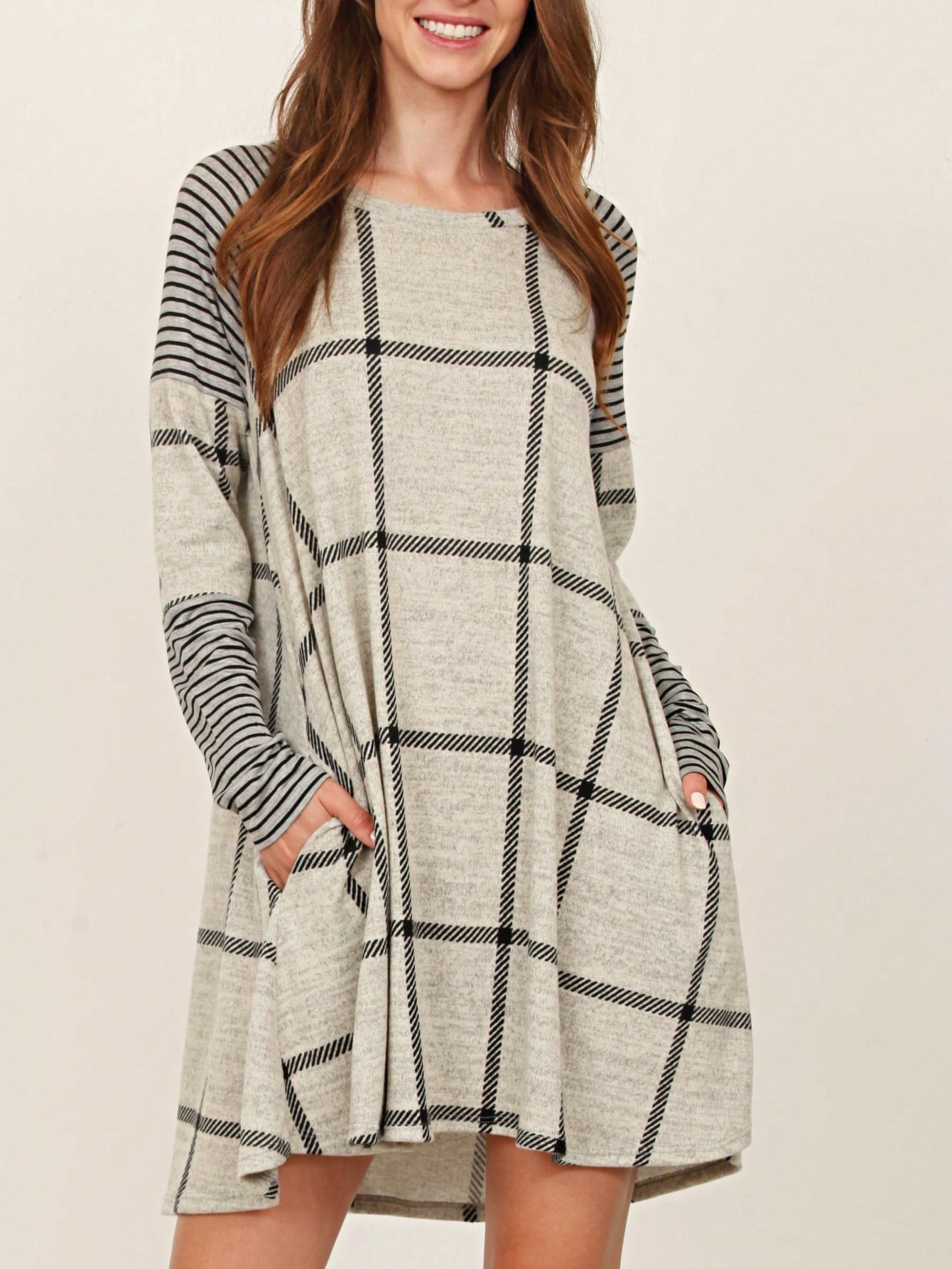 Boho Retro 90's Vintage V Stitch  Stripe Knit Contrast Binding Brushed Soft Stripe Raglan Sleeve Tunic Top Pullover