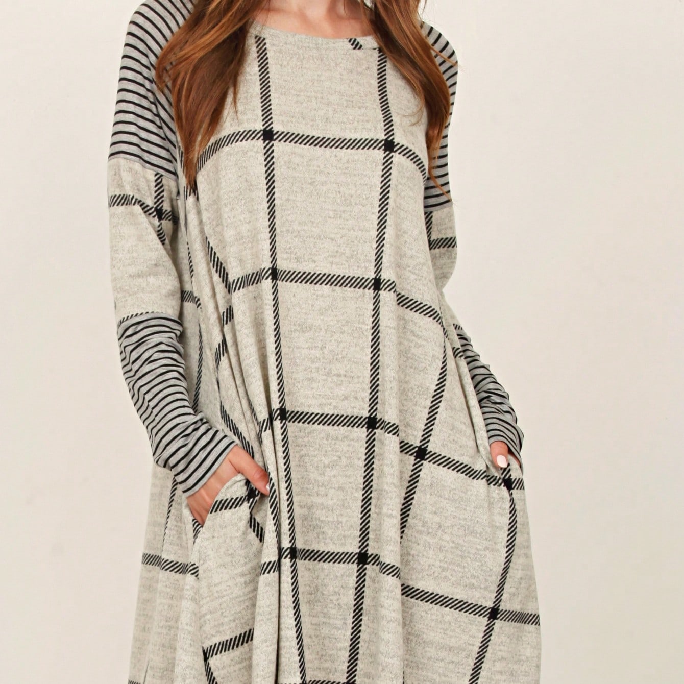Boho Retro 90's Vintage V Stitch  Stripe Knit Contrast Binding Brushed Soft Stripe Raglan Sleeve Tunic Top Pullover