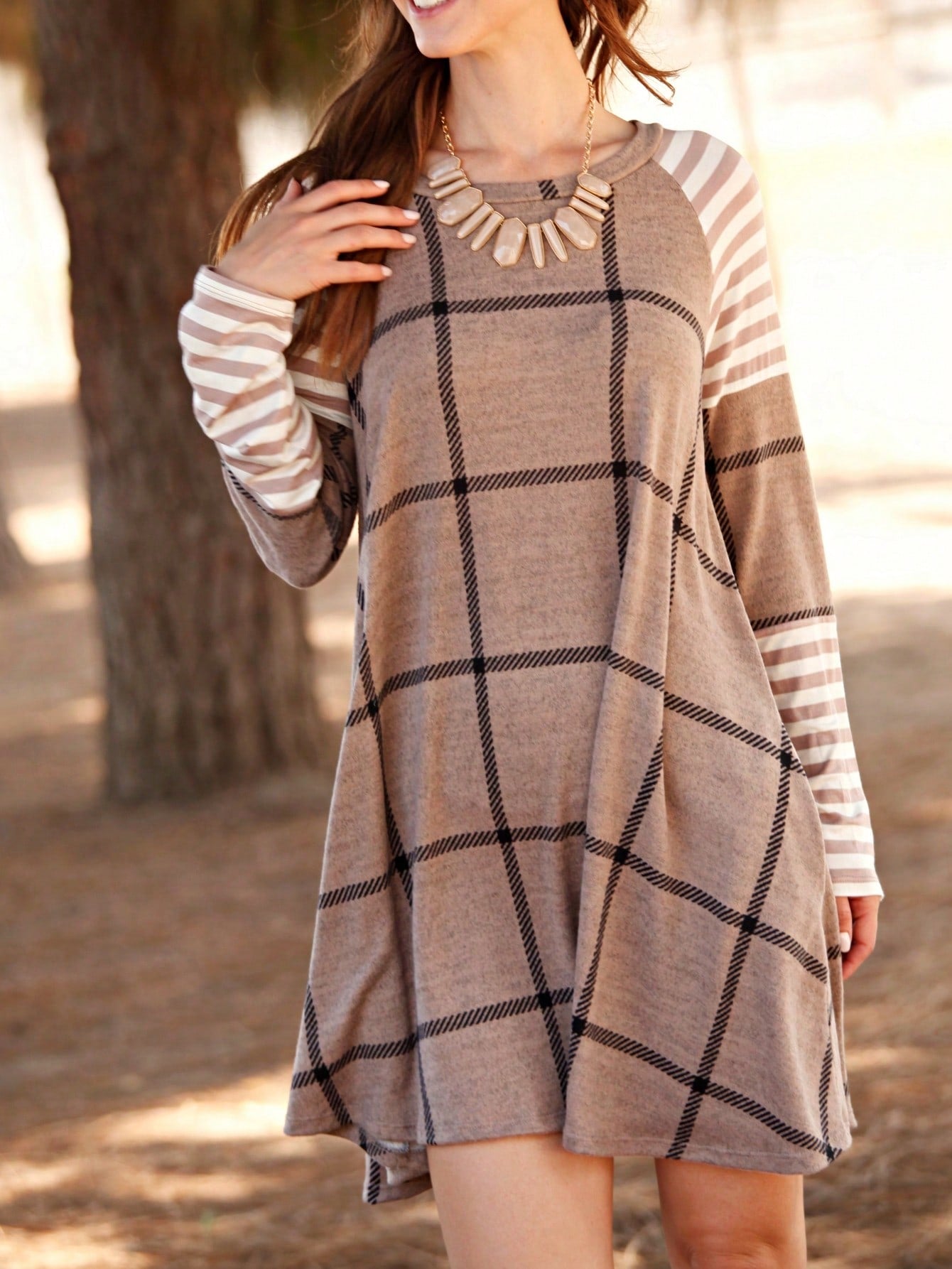 Boho Retro 90's Vintage V Stitch  Stripe Knit Contrast Binding Brushed Soft Stripe Raglan Sleeve Tunic Top Pullover