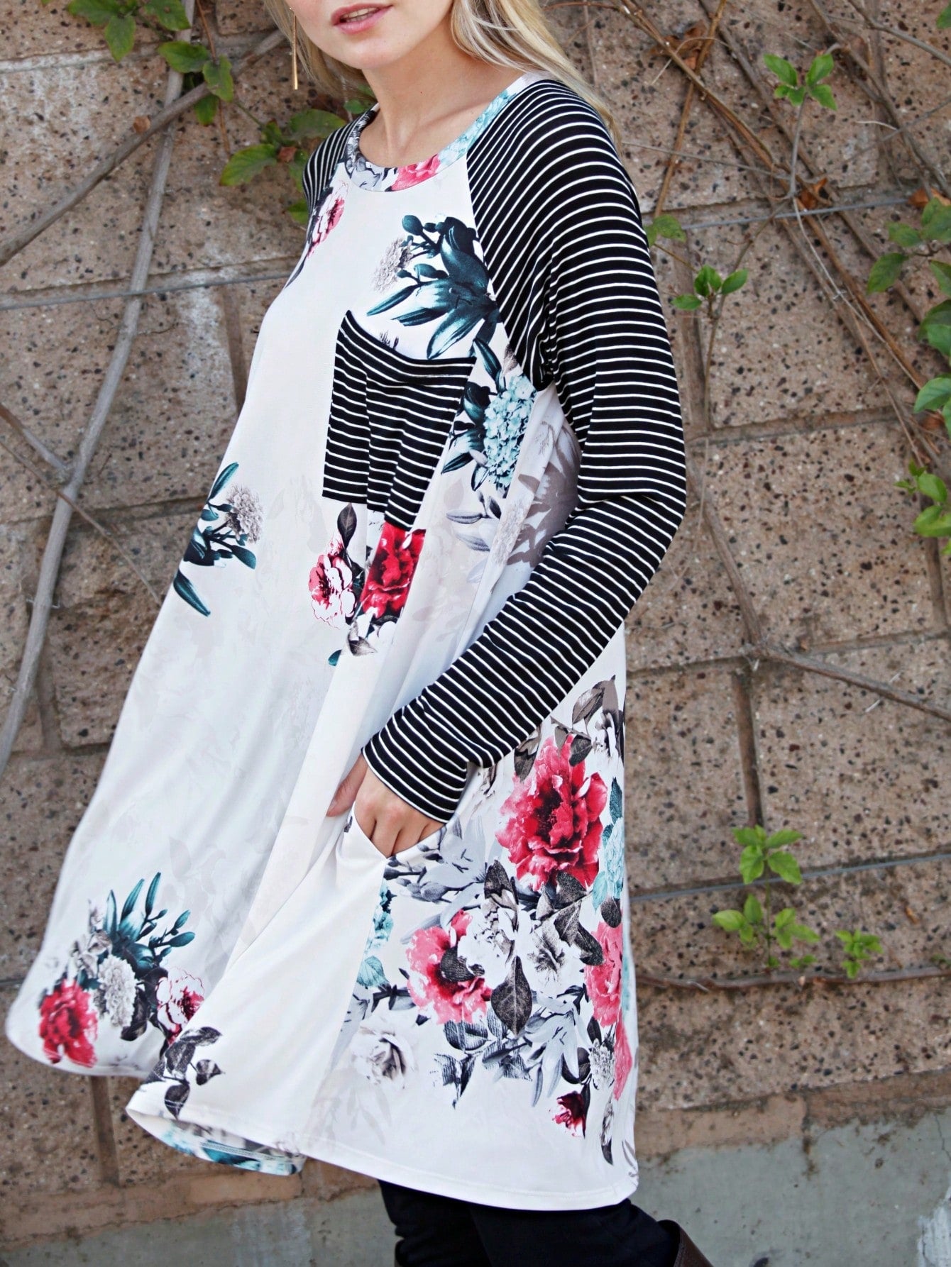 Boho Retro 90's Vintage V Stitch  Stripe Knit Contrast Binding Brushed Soft Stripe Raglan Sleeve Tunic Top Pullover