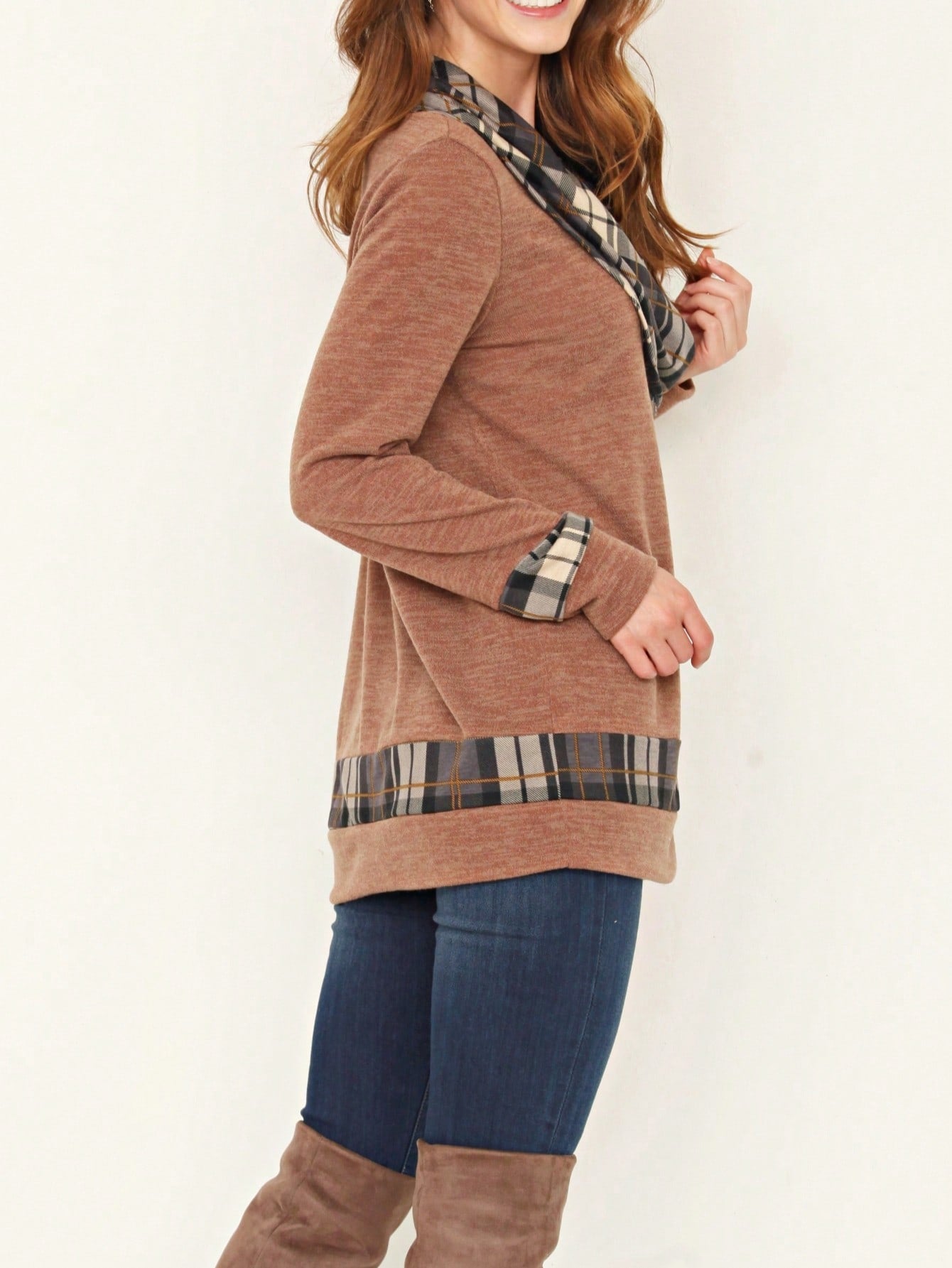 Boho Retro Solid Knit Button Turtle Neck Tulip Slit Tunic Top  Knit Top