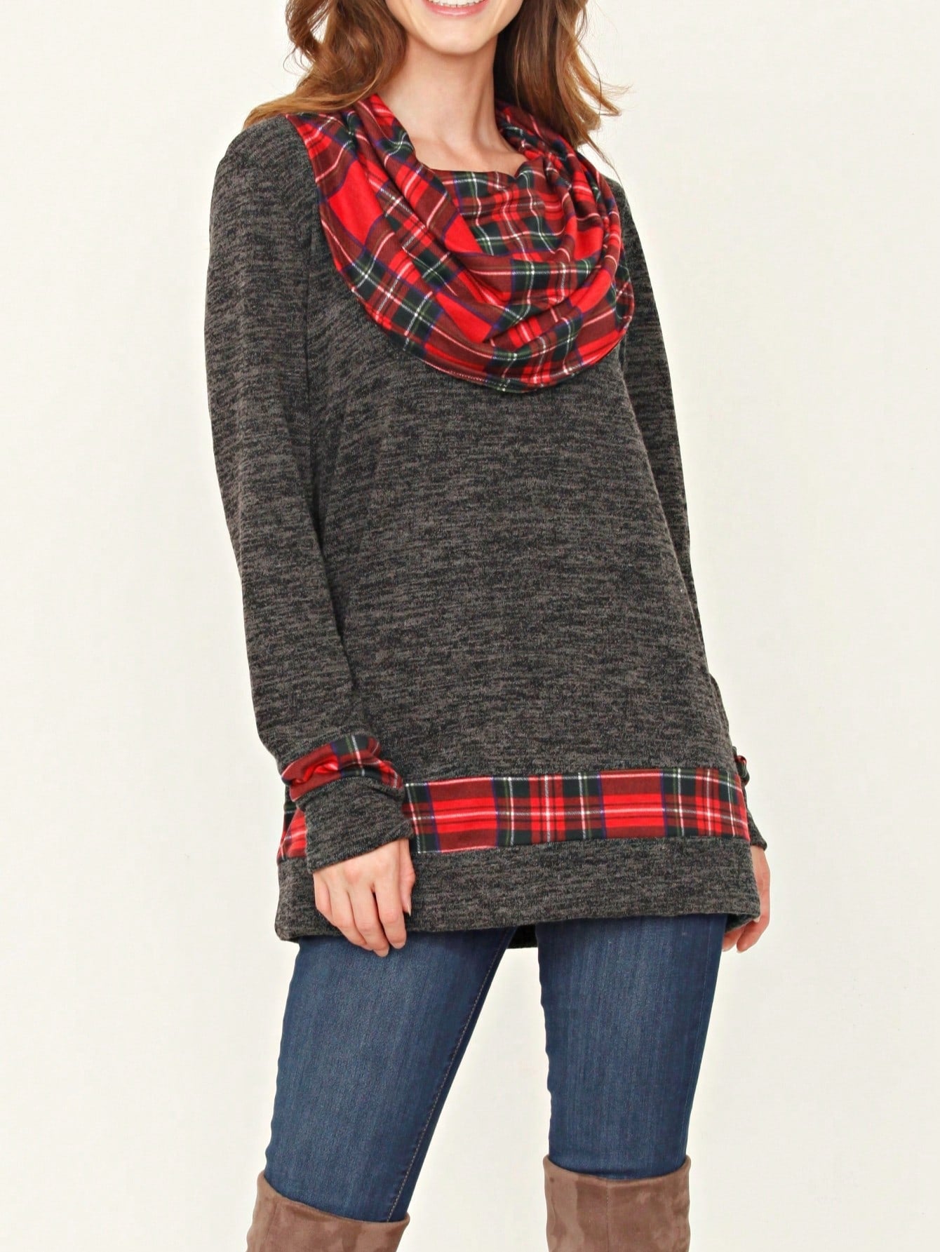 Boho Retro Solid Knit Button Turtle Neck Tulip Slit Tunic Top  Knit Top